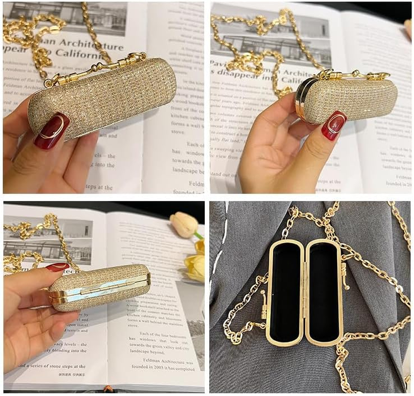 Mini Crystal Lipstick Case Bling Rhinestone Cosmetic Storage Bag with Metal Chain Lipstick Storage Holder Makeup Jewelry Case, Bling Rhinestone (Gold, One Size) image number 4