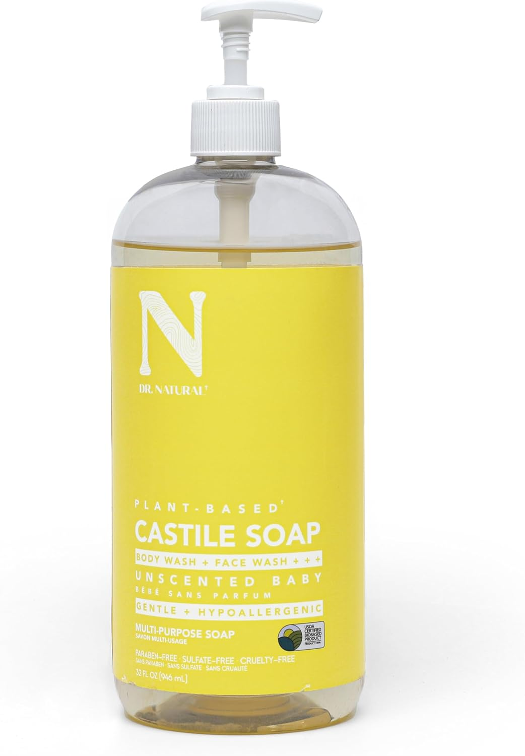Dr. Natural Castile Liquid Soap - Multi-Use Body Wash, Shampoo and Face Wash - Body Soap for Skin, Hair, Pets and Home - Unscented Baby - 32 Oz image number 6