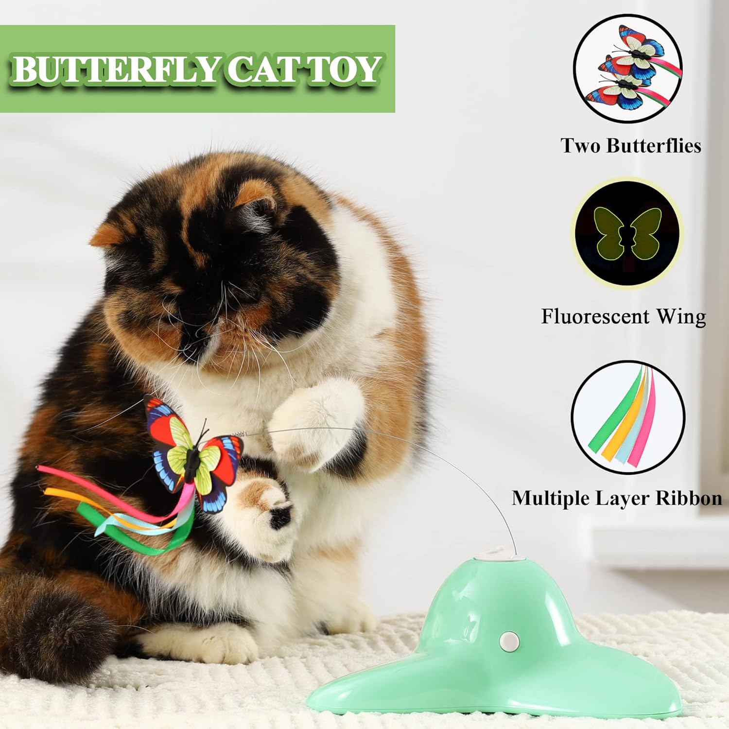 Vealind Interactive Cat Electric Cat Toy with 360&deg; Rotating Butterfly, Green