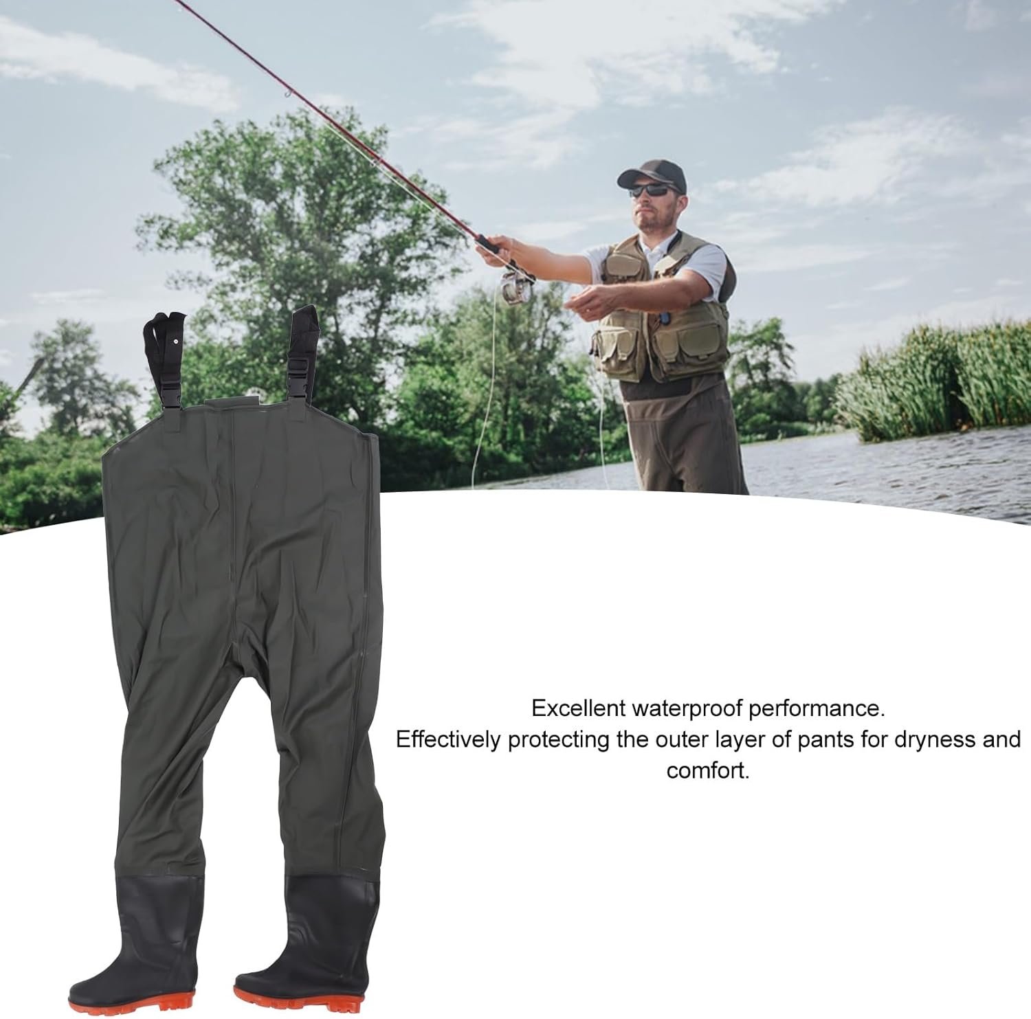Wader Fishing Wading Pants, Waterproof Men Hip Wader with Bootfoot Wading Belt, PVC Flexible Bootfoot Chest Wader for Fishing Camping (Green) image number 3