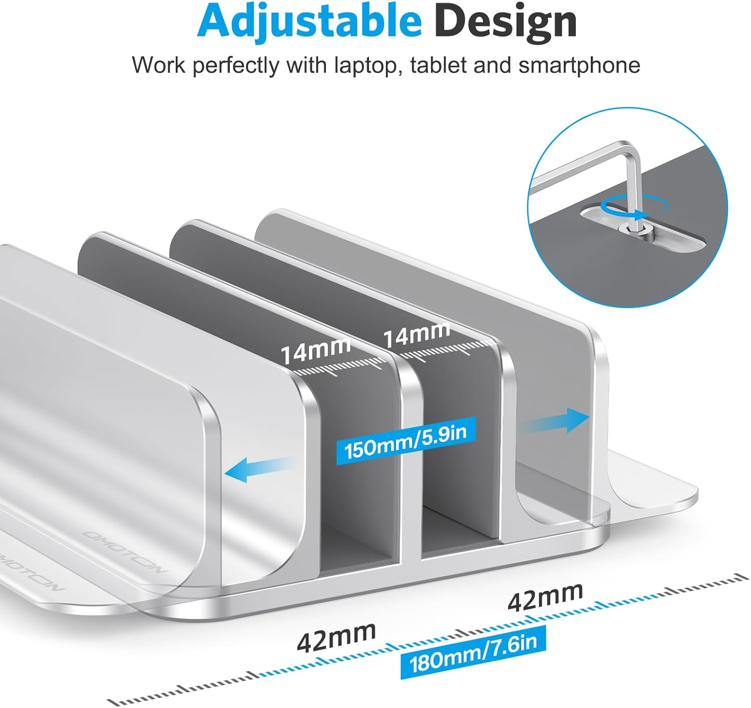 [Updated Dock Version] Vertical Laptop Stand OMOTON Double Desktop Stand Holder with Adjustable Dock (Up to 17.3 Inch) Fits All Macbook/Surface/Samsung/Hp/Dell/Chrome Book (Silver) image number 2