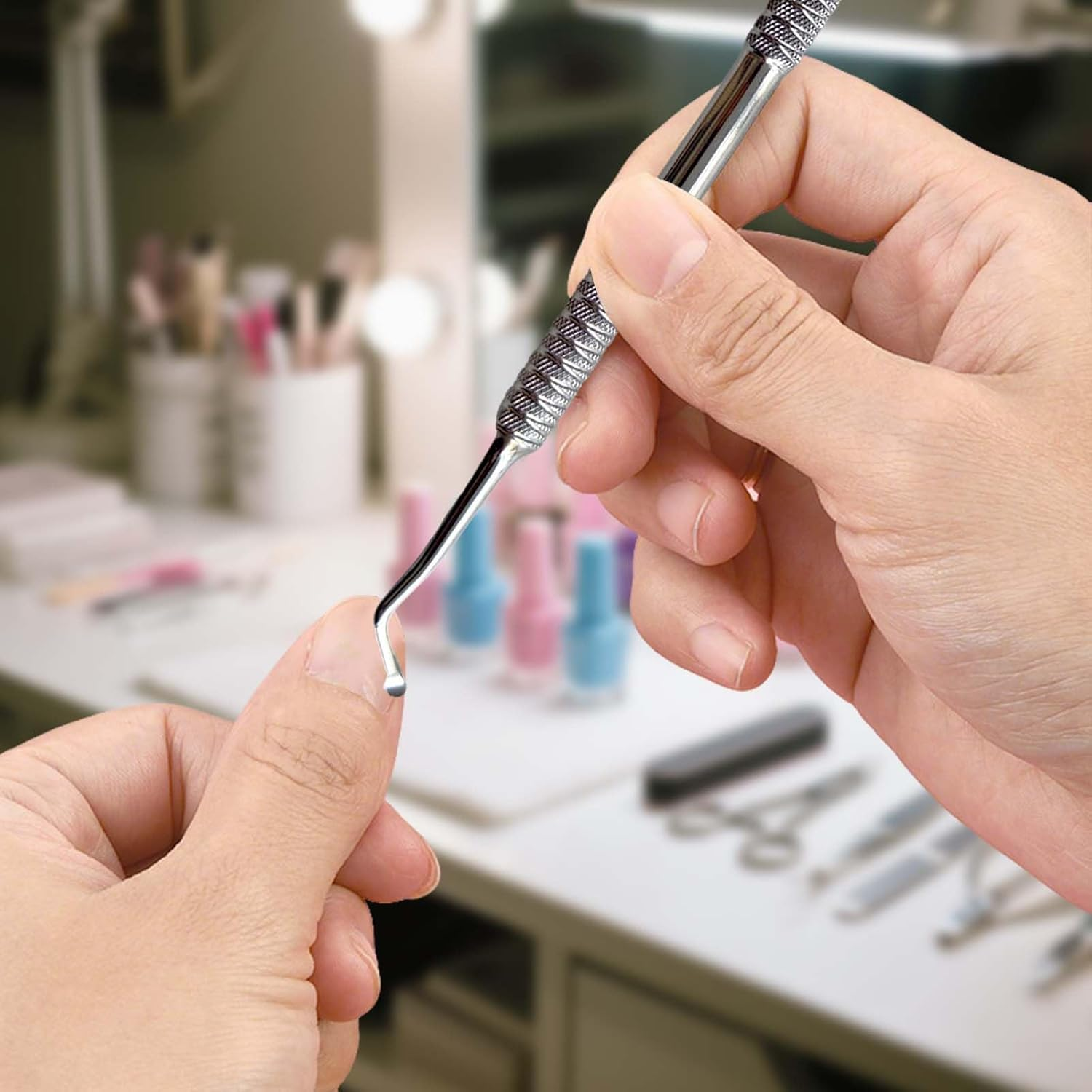 2PCS Professional Cuticle Pusher Tools - Dual Ended Stainless Steel Nail Care Kit with Non-Slip Grips for Manicure, Pedicure & Cuticle Trimming (Silver)