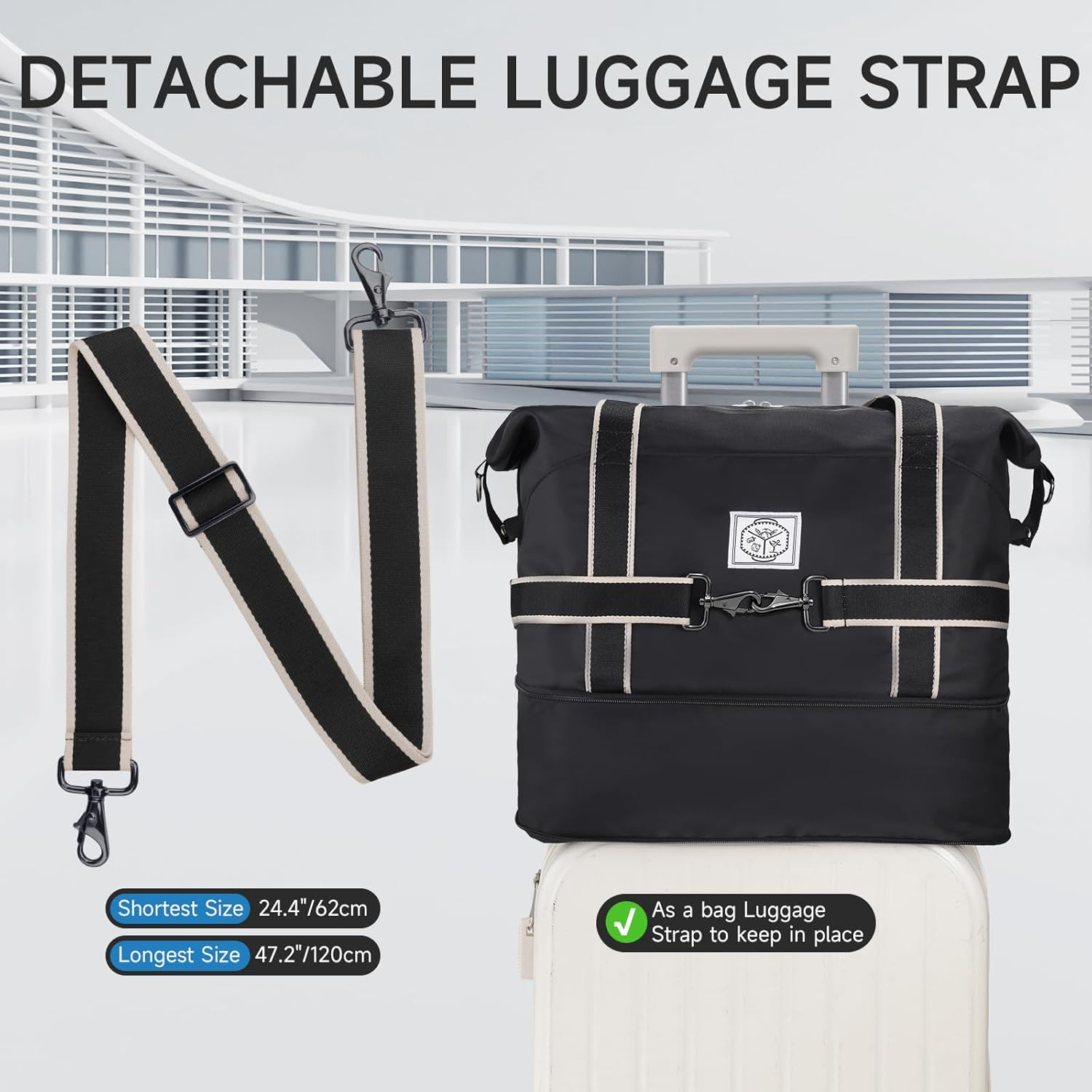 WALNEW Travel Duffle Bag, Carry on Bag for Women Men, Foldable Overnight Weekender Duffel Bags, Large Gym Tote Bag with Metal Buckle Detachable Shoulder Strap and Wet Compartment, Black