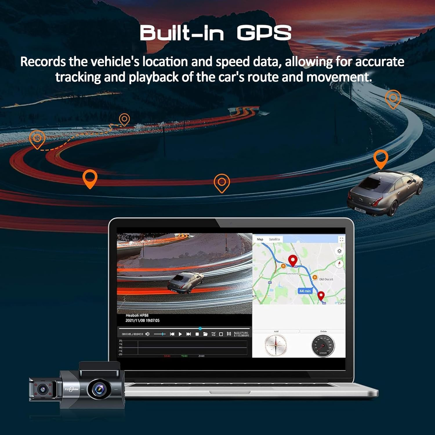 A6 Triple Lens Dash Camera - 2K Front, 1080P inside & Rear, Built-In GPS & Wifi, Night Vision, 3" LCD Screen Dash Camera for Cars with App ﻿ image number 2