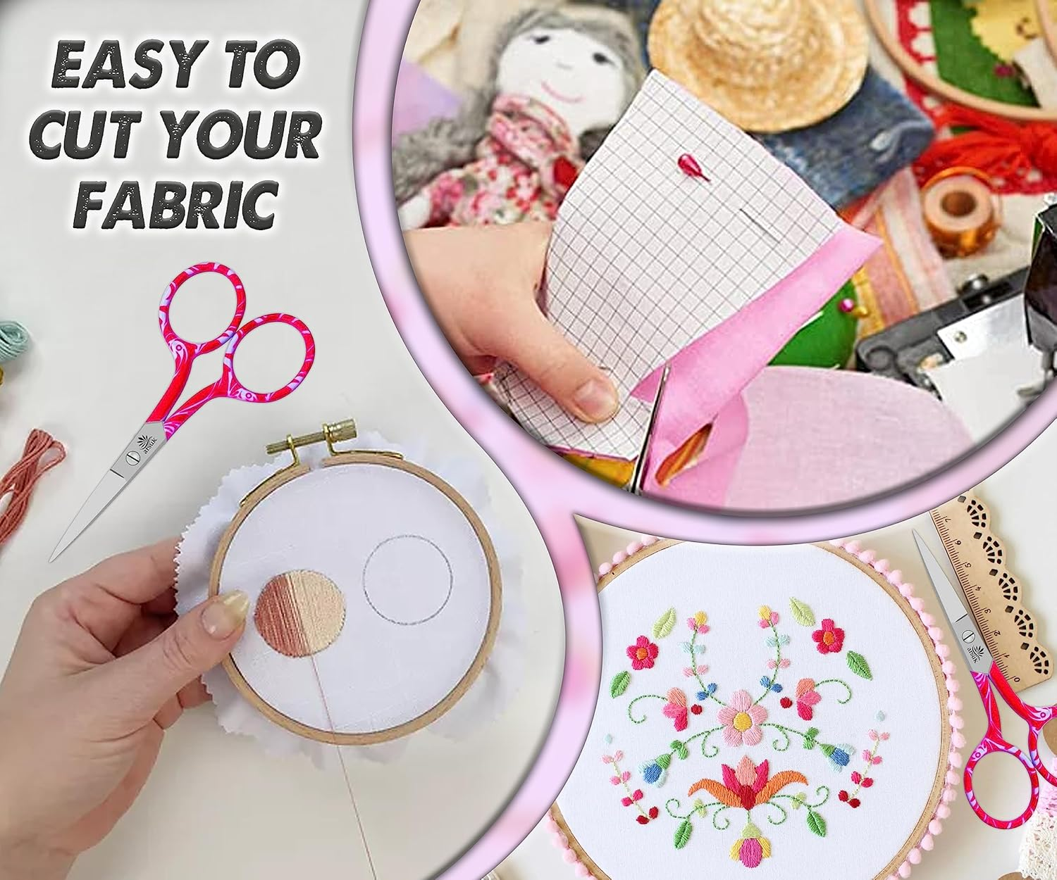 ARSUK Embroidery Scissors Sharp Fine Mini Bulk Vintage, Stork and Fancy Pack for Adults Multi Pack (Black, Orange, Pink, Gold) Metal Stainless Steel Small (Fancy Pink Zebra)