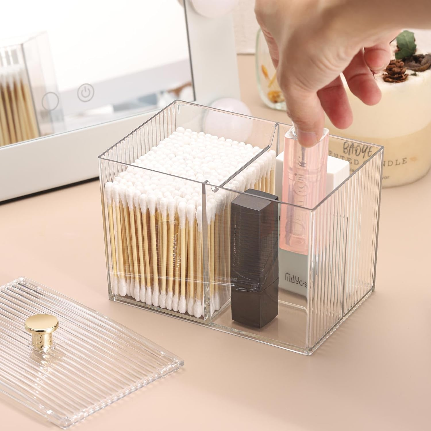 Tbestmax Qtip Holder Dispenser 3-Section Clear Bathroom Container Organizer 3 Grids Cotton Swab/Pad/Ball Holder Container Cosmetics Storage for Vanity image number 4