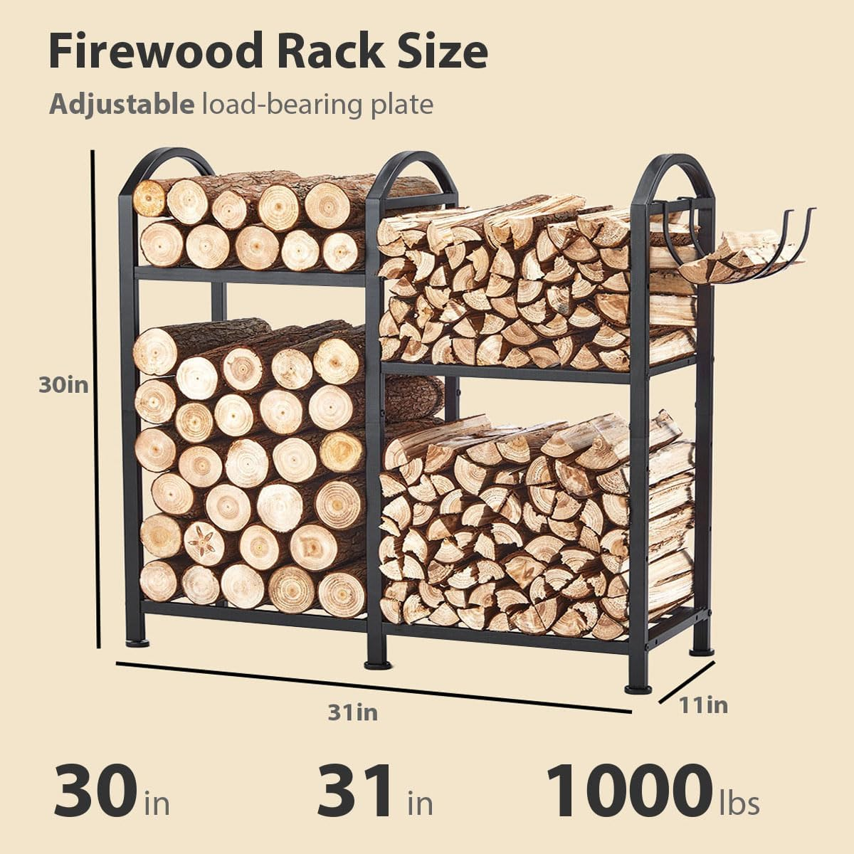 Firewood Rack Indoor with Hooks, 31Inch Firewood Rack, Log Holders for Firewood Outdoor, Fireplace Wood Holder Indoor, Adjustable Small Fire Wood Storage image number 5