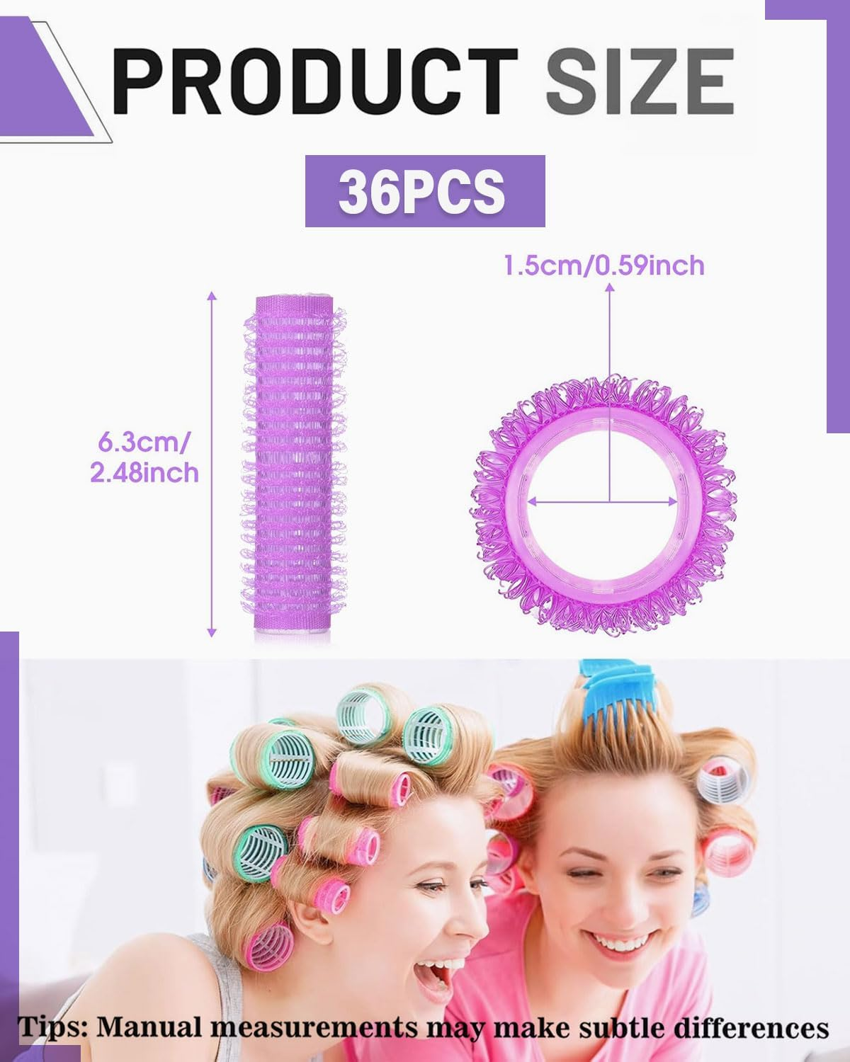 TPZORJX 37 Pieces Manual Hair Rollers Self Adhesive Hair Rollers for Salons, Barber Shops, Rat Tail Combs, DIY Curlers with Steel Needle Tip Comb (Purple)