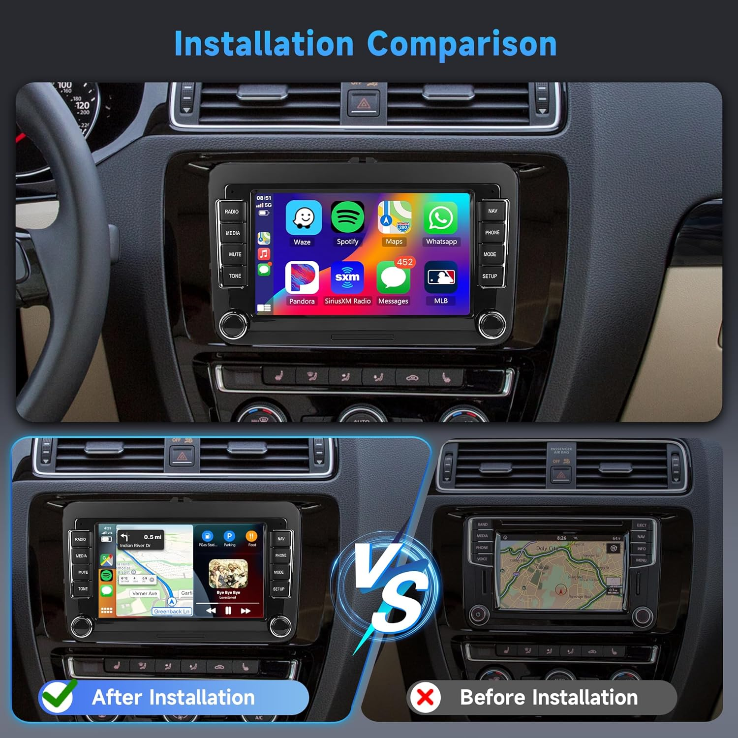 4+64G Android Car Radio for VW Passat Golf MK5 MK6 Jetta T5 EOS Polo Touran Seat Sharan Wireless Carplay Android Auto, 7'' Touchscreen Head Unit with Mirror Link Wifi GPS Bluetooth FM EQ Rear Camera image number 6