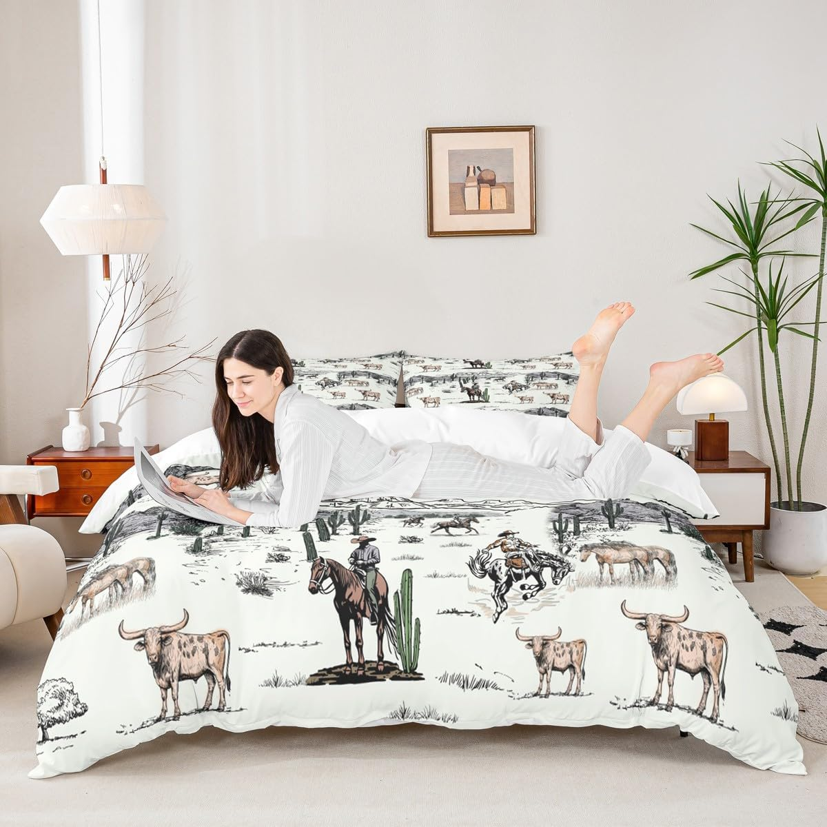 Western Cowboy Duvet Cover Set King Size,Vintage Southwest Style Comforter Cover Desert Cactus Cow Horse Animals Bedding Set for Kids Boys Girls Adult Room Decor,Grey Brown White Quilt Cover 3Pcs image number 5