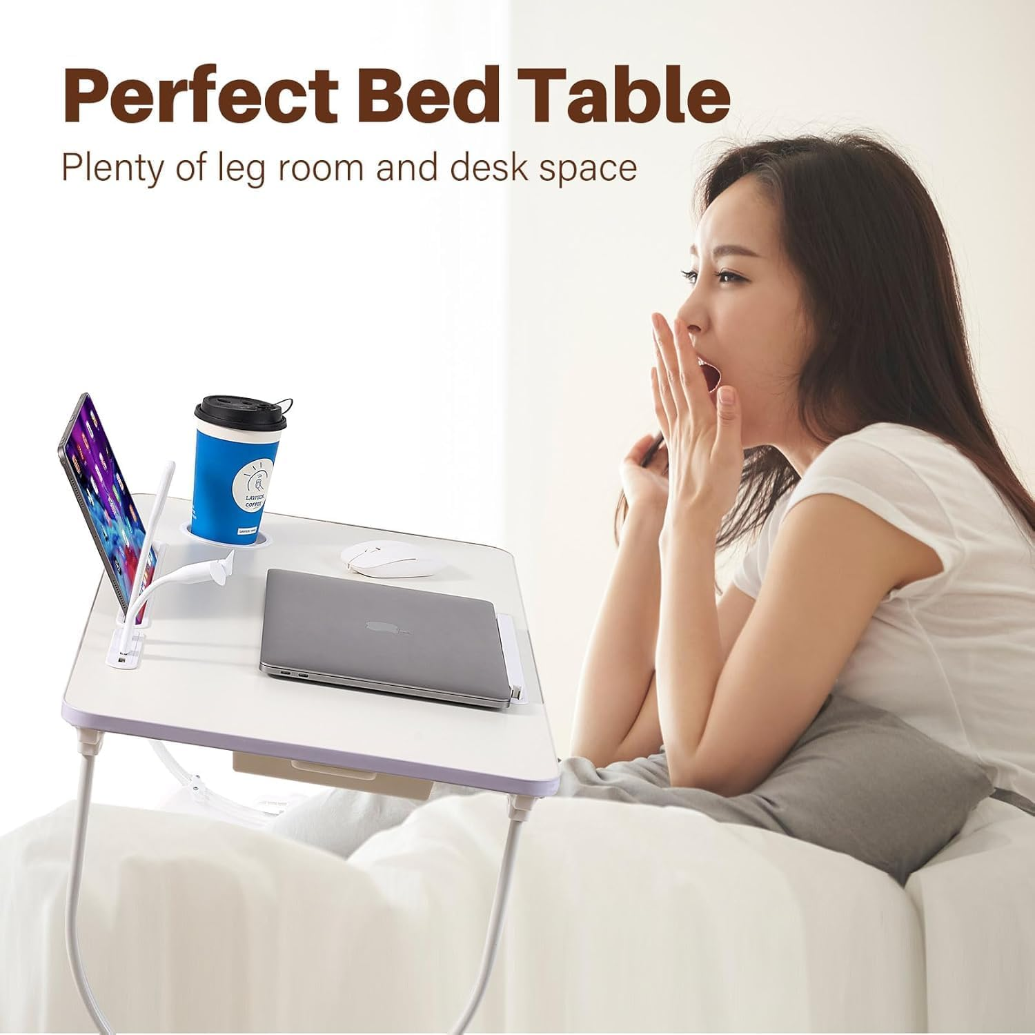 Adjustable Laptop Bed Desk with 4 USB Ports, Storage Drawer, Cup Holder, X-Large Foldable Bed Laptop Table Stand for Couch Sofa Floor, Portable Lap Desk Tray for Eating Reading Working Drawing Gaming image number 2