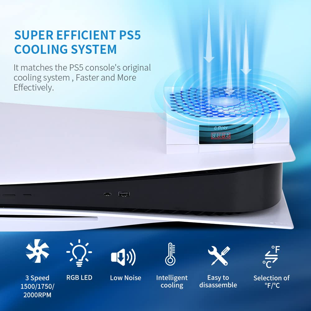 G-Story PS5 Cooling Fan,Ps5 Cooler System, Fan Speed Automactically Adjusted by Temperature(℃/℉), Low Noise, 3 Speed 1500/1750/2000RPM (140MM) with RGB LED (White) image number 4