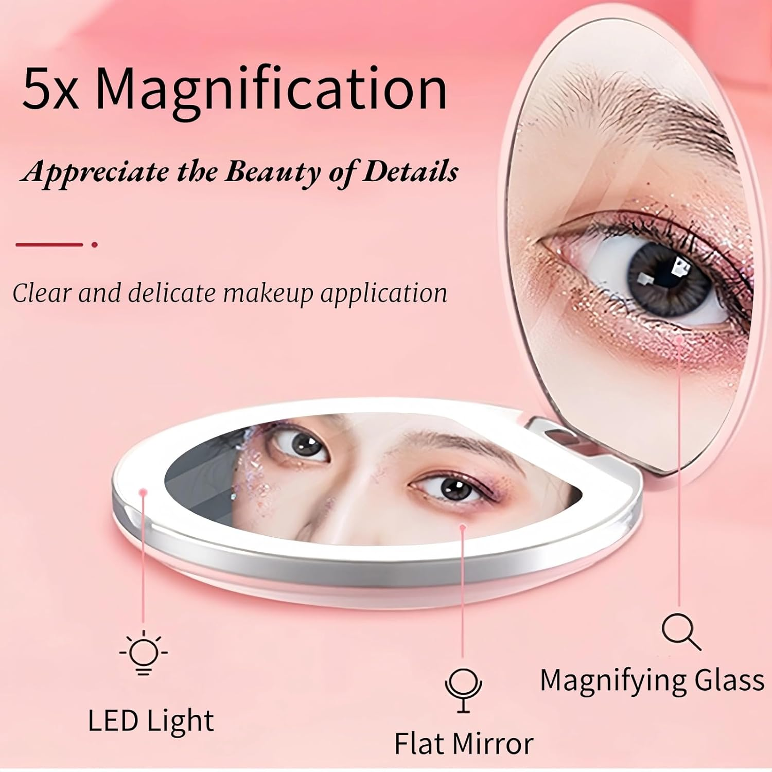 Pocket Mirror, 5X Magnification LED Compact Travel Makeup Mirror with Light for Purse, 2-Sided, Portable, Folding, Handheld, 3.5 Inch Illuminated,Small Lighted Mirror for Gift, Pink image number 5