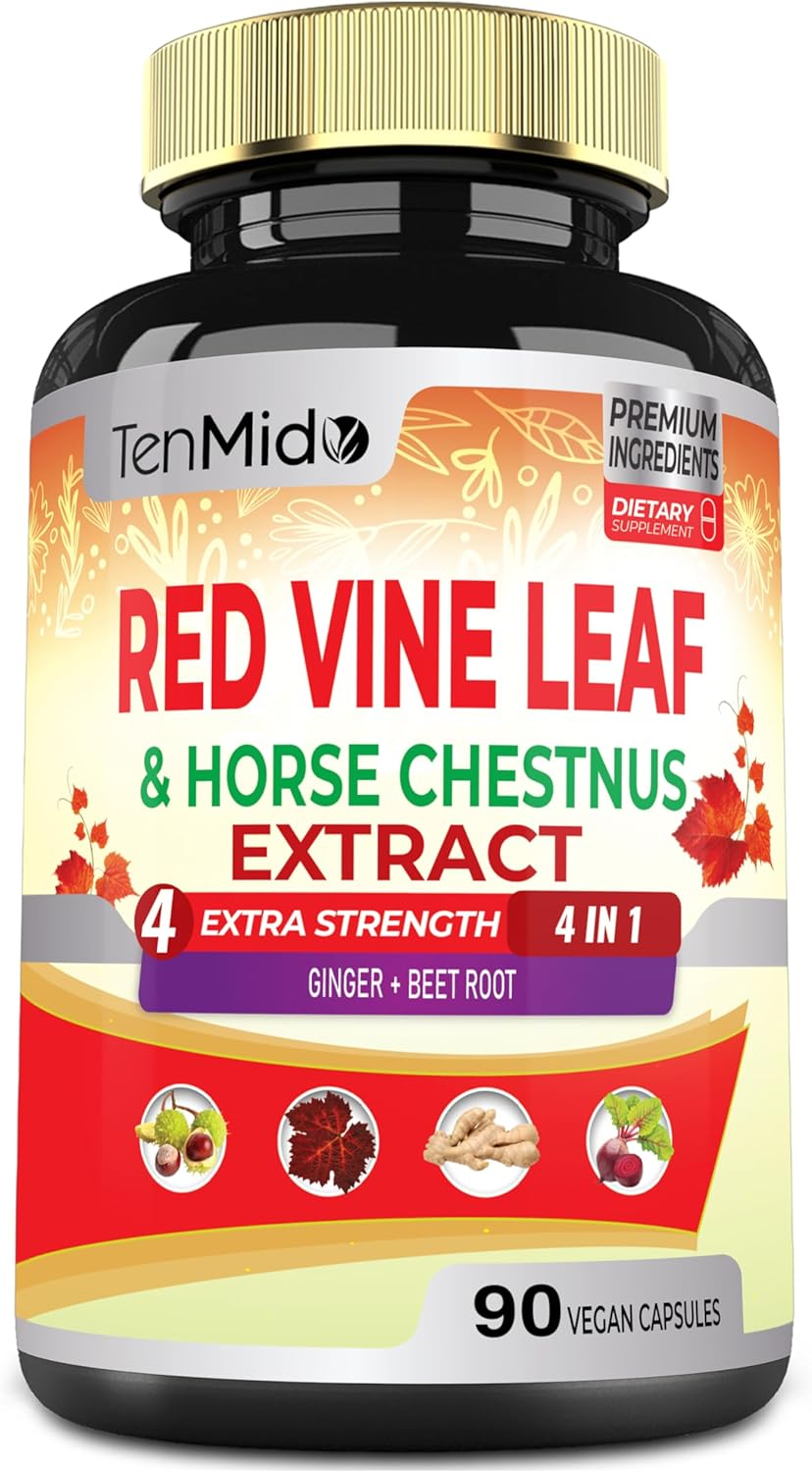 18250Mg Red Vine Leaf Extract Capsules - with Horse Chestnut, Beet Root, Ginger - Herbal Suppplement for Heart, Leg Vein & Energy - 90 Vegan Capsules for 45 Days