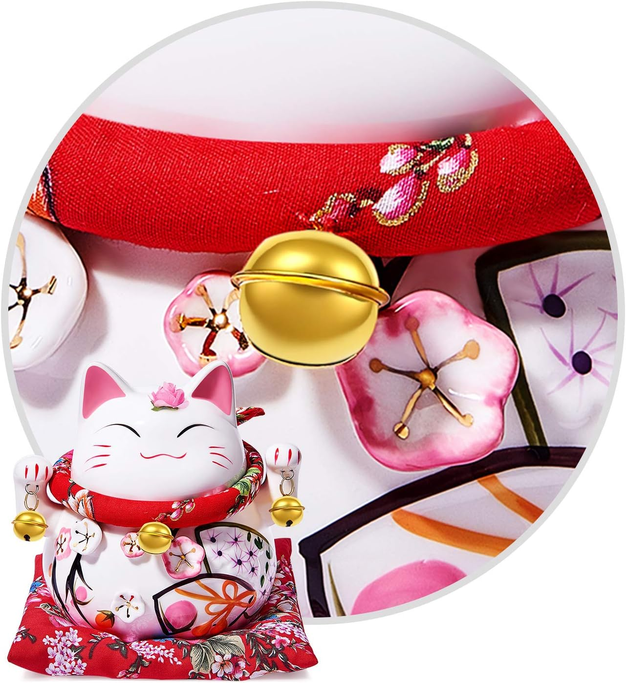 Randj 6" Cute Lucky Cat Maneki Neko Japanese Lucky Cat with Two Bells Piggy Bank Gift Desk Decoration (Head Flower) image number 3