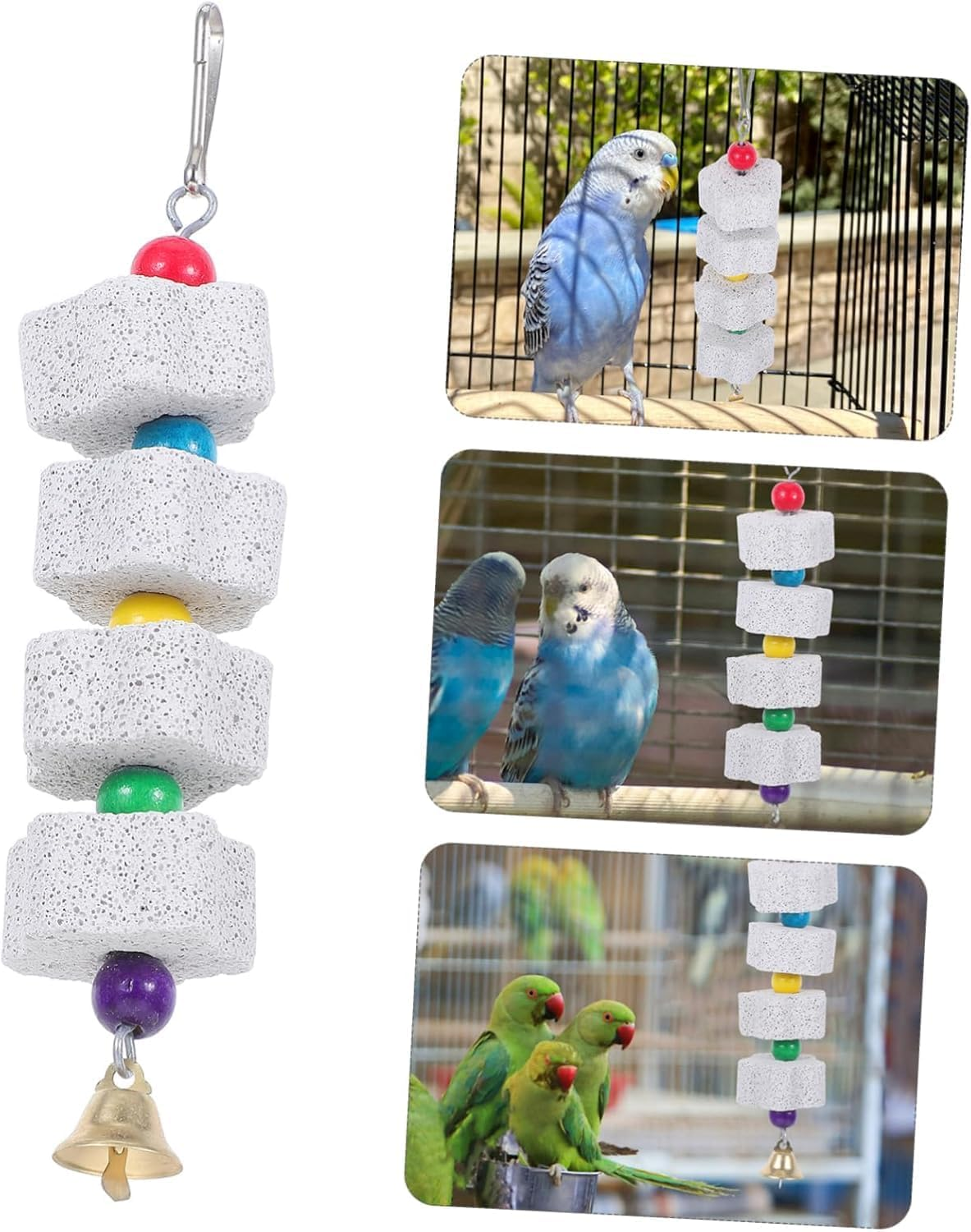 Bird Beak Grinding Stone with Bell, 2Pcs Parrot Beak Trim Calcium Stone Cage Toys, Pet Bird Chew Toy Lava Stone Parrot Chewing Toy Beak Trimmer Calcium Stone image number 5