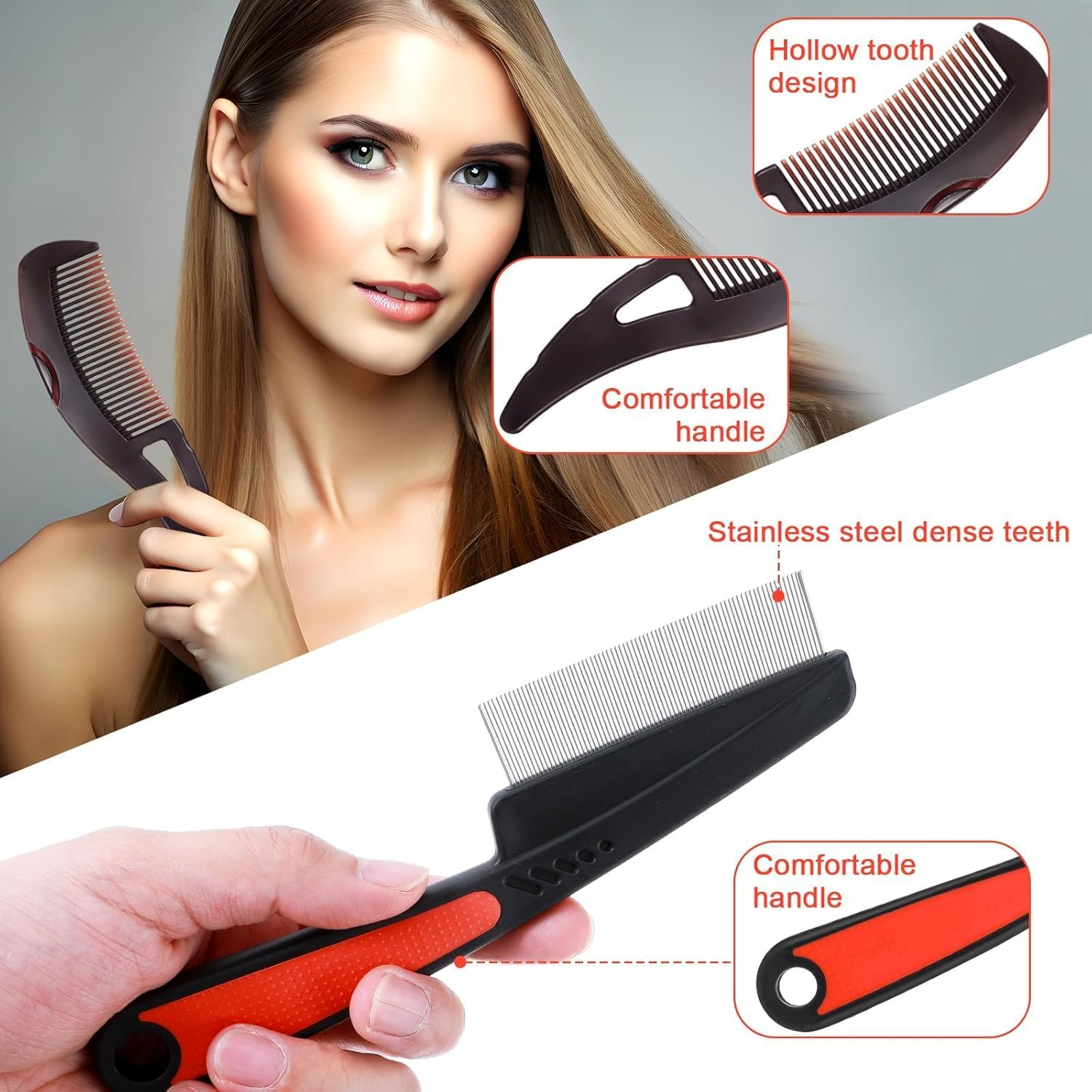 Dandruff Comb Energy Massage Hair Dressing Comb, 3Pcs Hollow Tooth Hairbrush Dandruff Comb,Scalp Sweep Detoxing Combs,Steel Fine Tooth Dandruff Remover Combs for Women image number 3