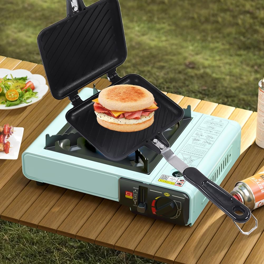 Lwuey Stovetop Sandwich Maker, Grilled Sandwiches Panini Maker Pan with Non Stick Plates Aluminum Flip Double Sided Pan Toasted Frying Pans Press Baking Pot Toaster Grilling Breakfast Home Kitchen image number 5