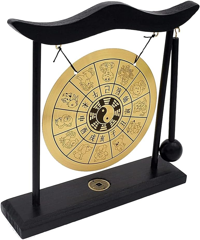 Hooshing Zen Art Brass Feng Shui Desktop Gong with Stand Asian Decor for Home Office Chinese Zodiac Signs - Brass image number 4