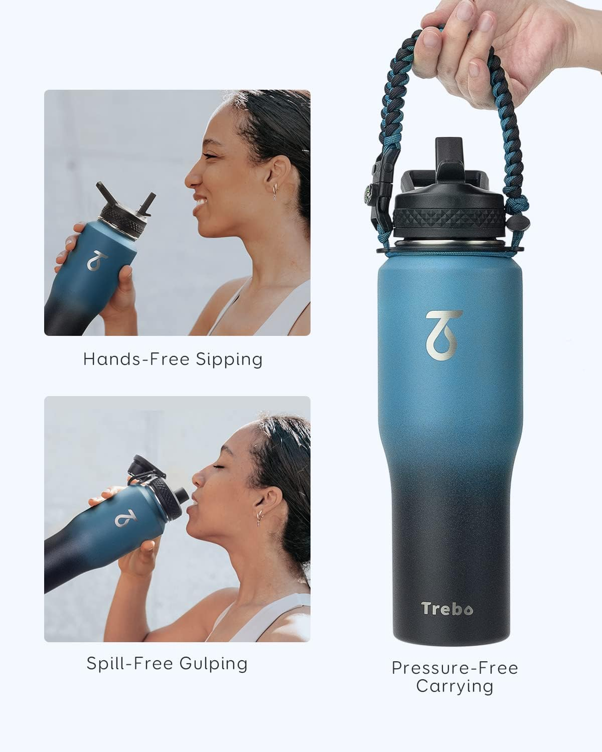 Trebo 32Oz Insulated Water Bottle That Fits in Cup Holder, Stainless Steel Double Wall Tumbler Flask Bottles with Paracord Handle, with Straw Spout Lids, Keep Cold for 48 Hrs/Hot 24 Hrs,Indigo/Black image number 3