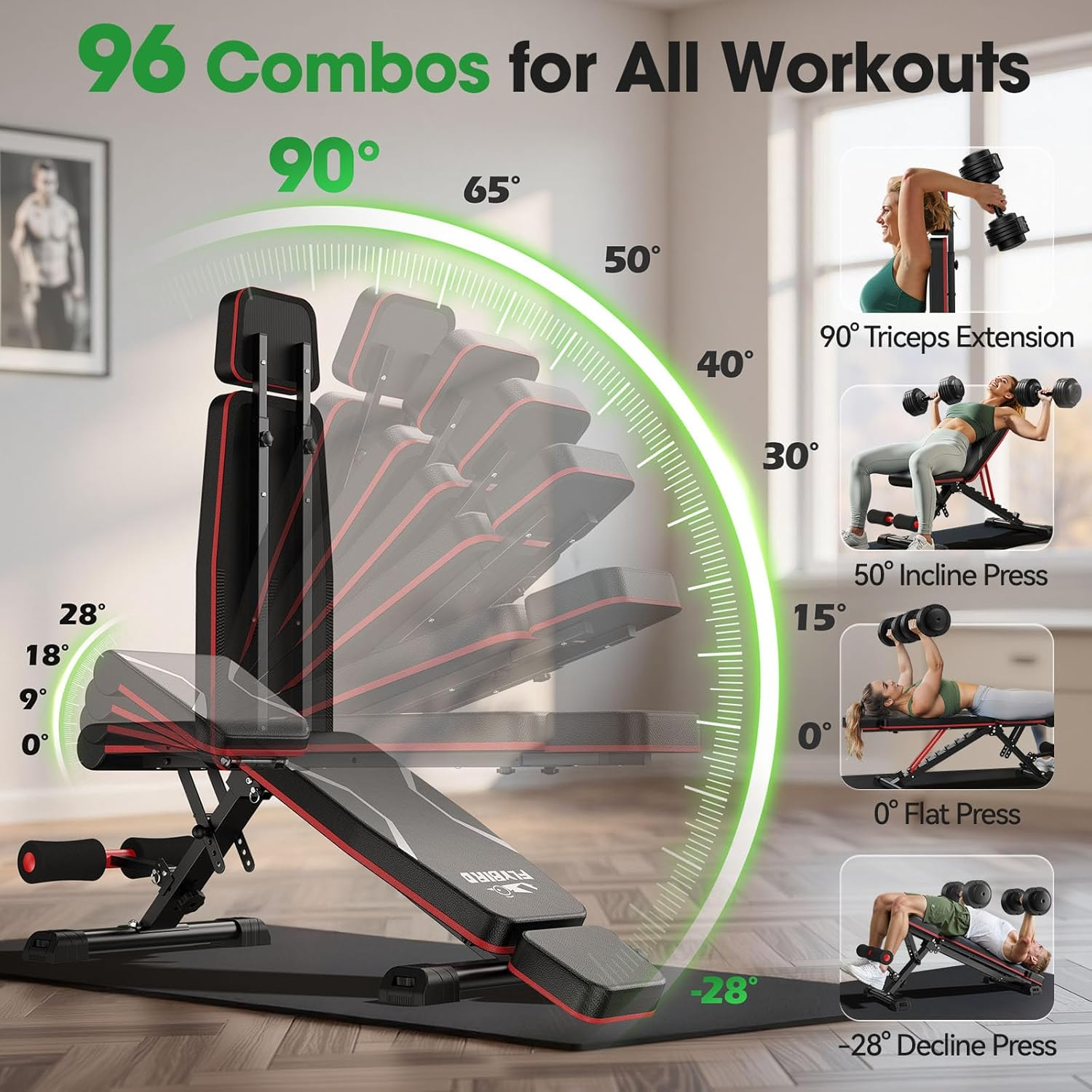 FLYBIRD Adjustable Weight Bench with Headrest, Foldable Workout Bench for Home Gym, Fit Users up to 6'5'', 750LBS Weight Capacity Exercise Bench -FBHR24 image number 5