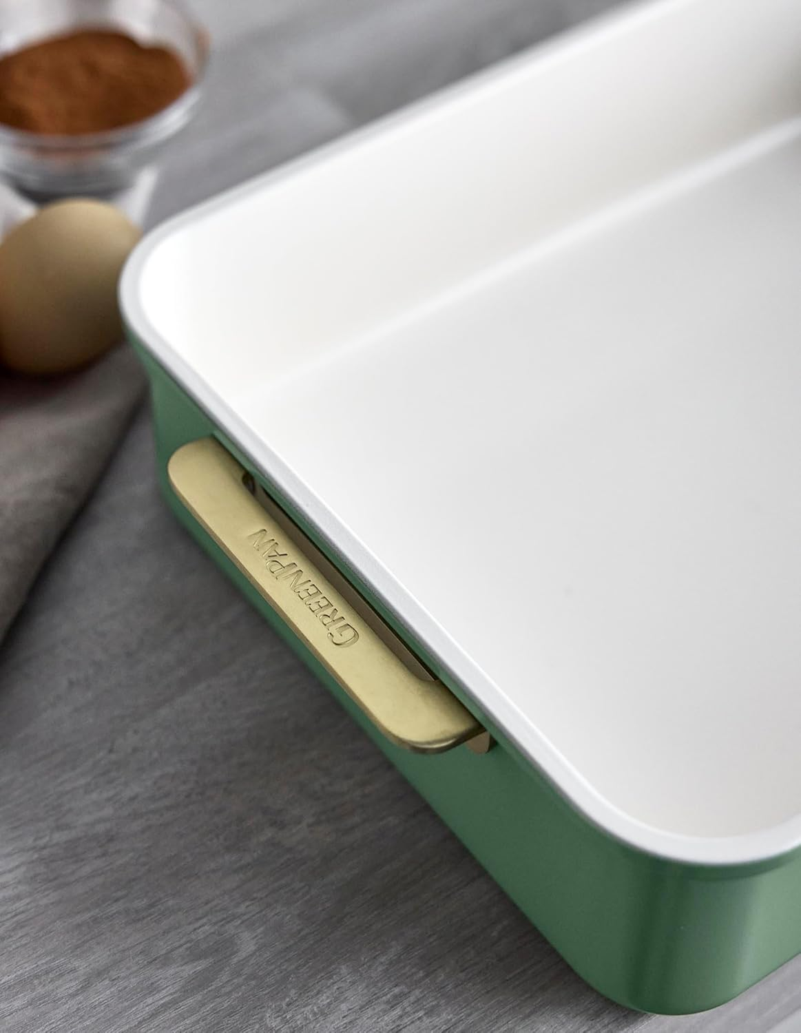 Greenpan Reserve Bakeware Rectangular Cake Pan, Ceramic Nonstick Baking Pan, PFAS Free, Gold Handles, Durable Steel, Freezer to Oven Dish, Scratch Resistant, Bake & Roast Ovenware, Sage Green image number 4