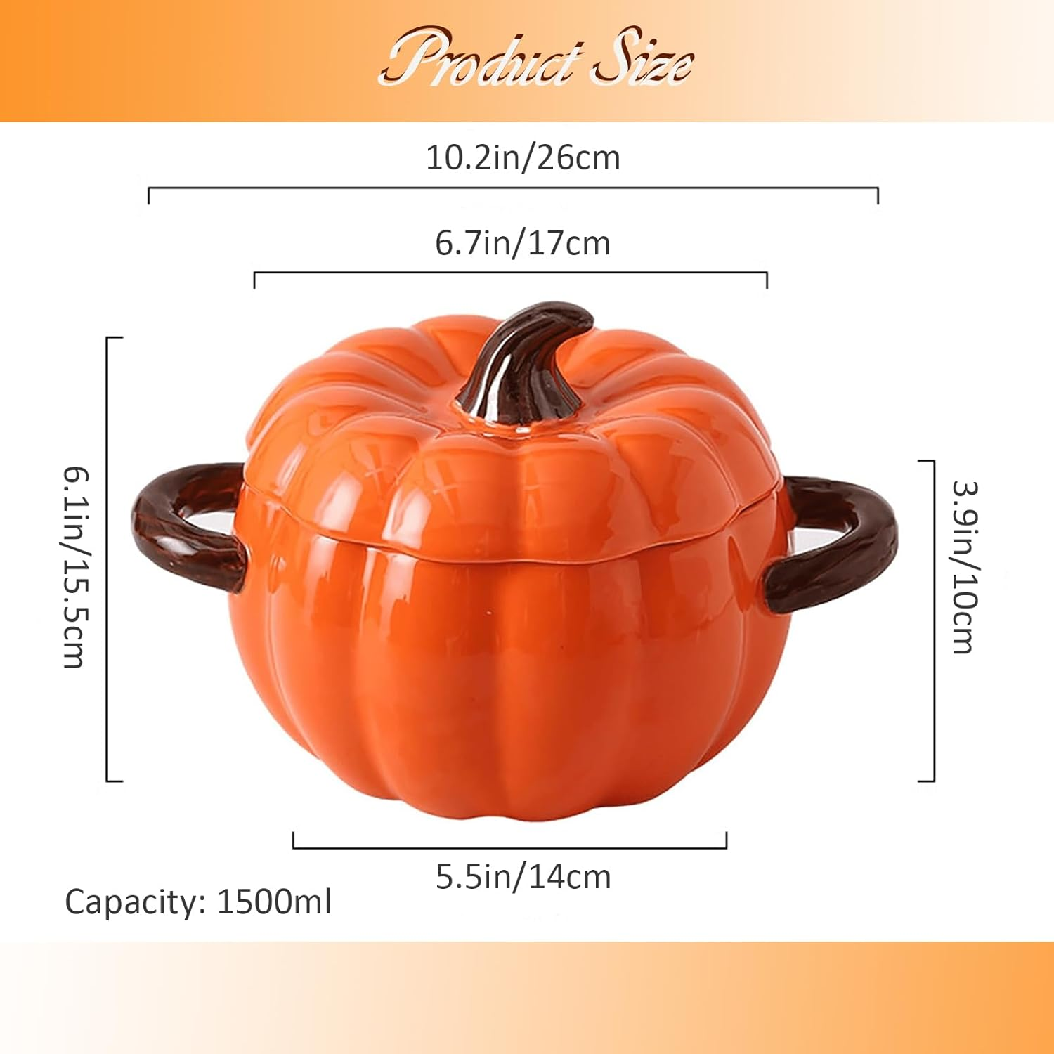 Soup Pot with Lid, 51 Ounce Pottery Dutch Oven, Mini Baking Dish Cute Pumpkin Pot, Ceramic Dessert Saucepan, Double Ear Pumpkin Cookware for Home Thanksgiving Halloween Party (Orange) - Orange image number 4