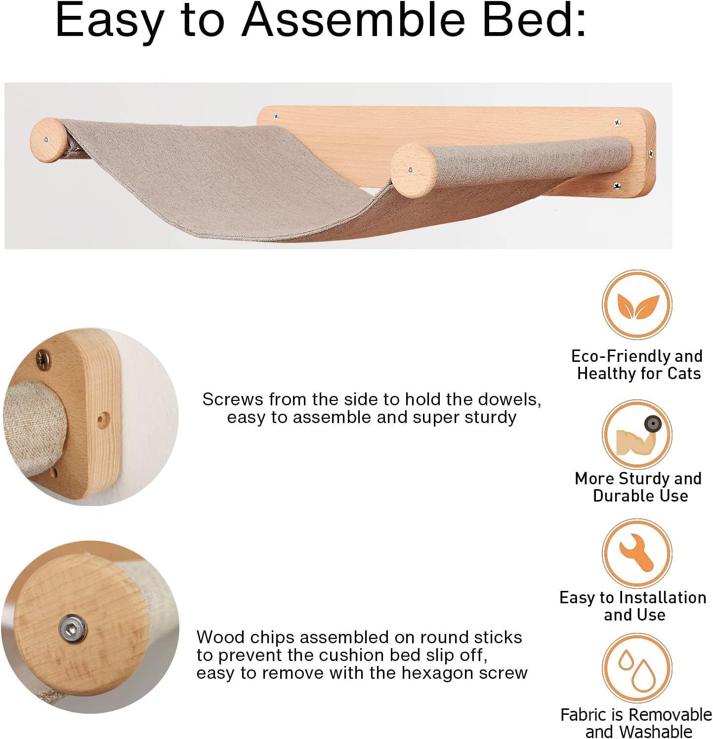 Purife Cat Hammocks Wall Mounted for Indoor Cats - Wooden Floating Cat Shelves and Perches for Wall, Kitty Wall Beds & Furniture, Sturdy Soft Hammock Beds for Climbing, Playing, Sleeping, Lounging image number 1