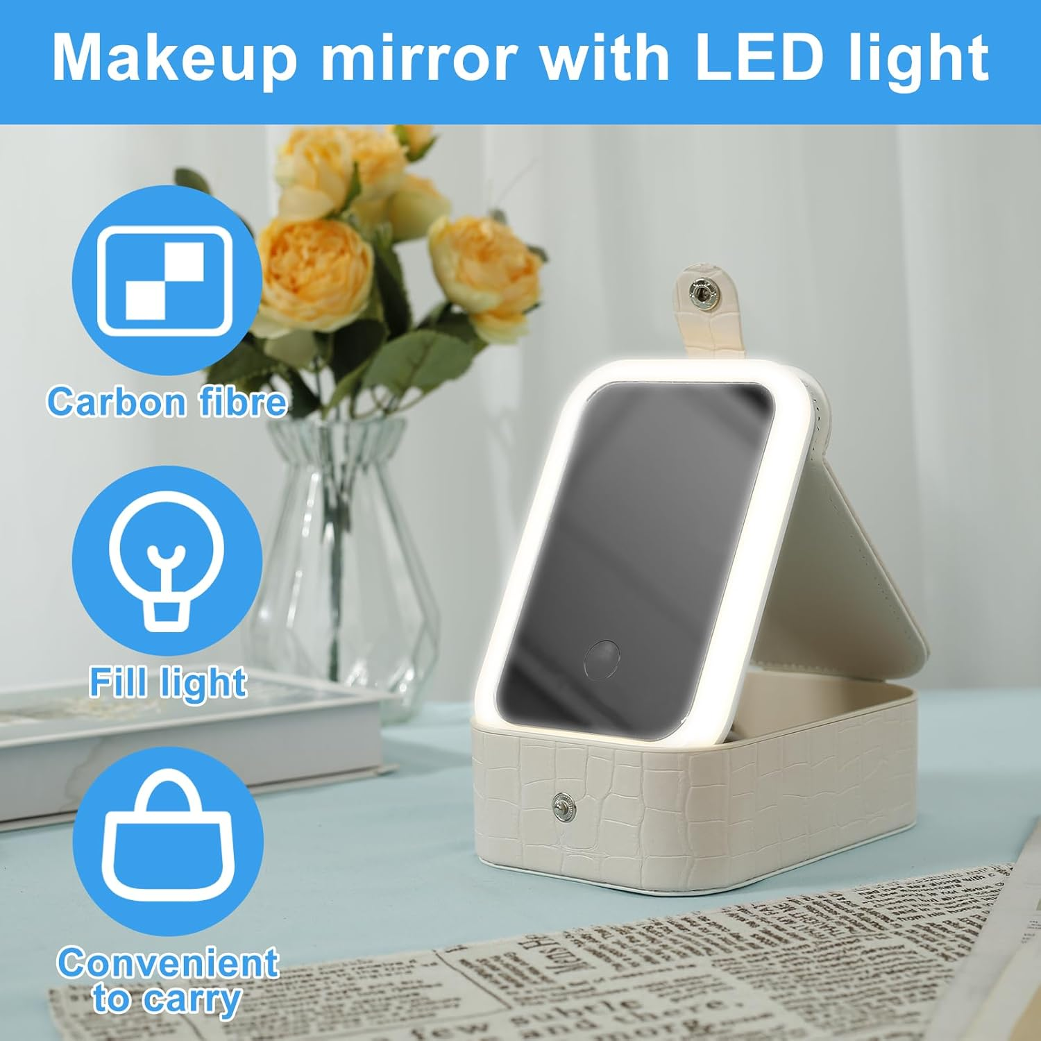 Travel Makeup Bag with LED Light up Mirror, 3 Color LED Adjustable Brightness Travel Cosmetic Bags, 4 Removable Shockproof EVA Partitions Waterproof Makeup Organizer Bag with Lighted Mirror (White)