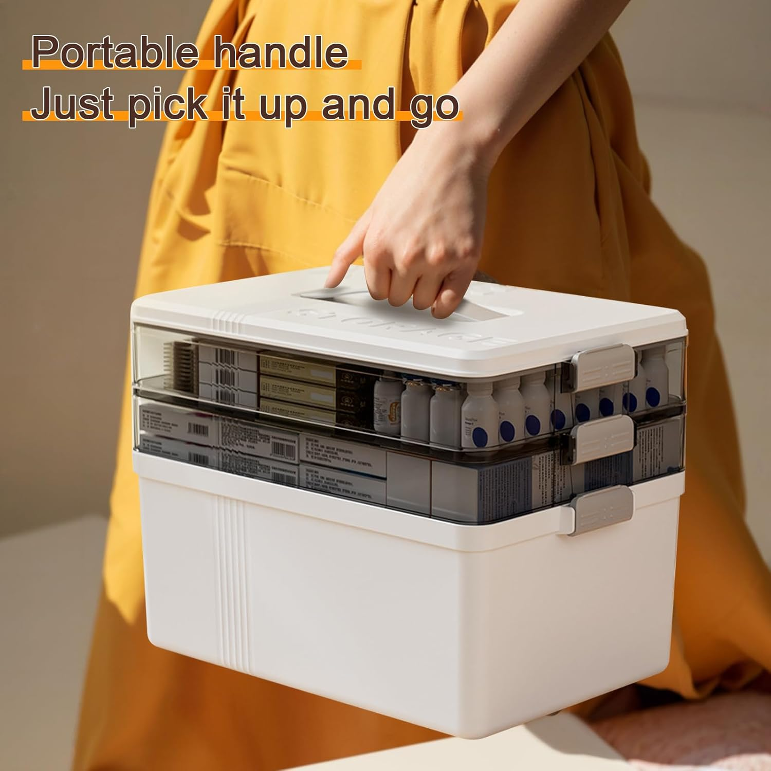 3-Layer Medicine Storage Box with Handle, Large Capacity First Aid Organizer, Moisture-Proof & Dustproof, Portable Multi-Purpose Plastic Storage Container for Medicine, Cosmetics, Household Essentials image number 6