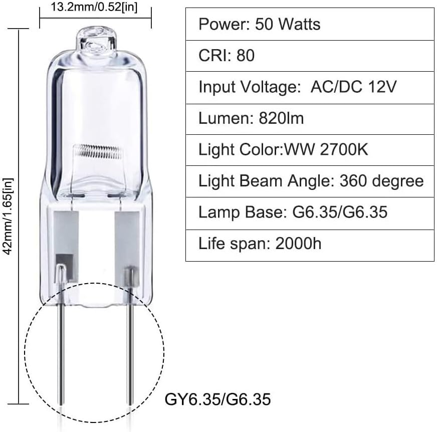 10 Pack GY6.35 35W 12V Dimmable G6.35 T4 Halogen Bulbs for under Cabinet Type JC Lighting Warm White 2700K