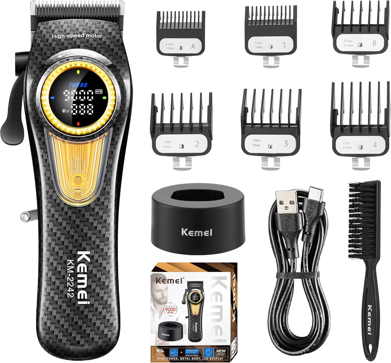 KEMEI 2242 Professional Hair Clippers for Men, Cordless Barber Clipper with LED Display & Charging Base, Hair Cutting Tools, 9000 RPM Super Torque Motor, Black