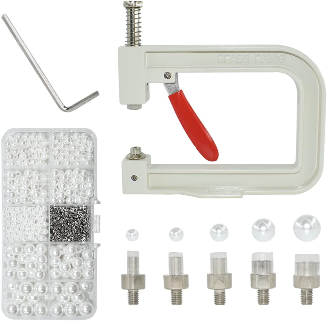 BDS-HOME Pearl Handmade Setting Machine with 5 Sizes of round Pearl ABS Beads Rivet Studs & 900 Pcs Nailheads Spots Studs Kit for Hats Shoes Clothes Bags Skirts Beads DIY Accessories, White (B-DZJ-W) image number 3