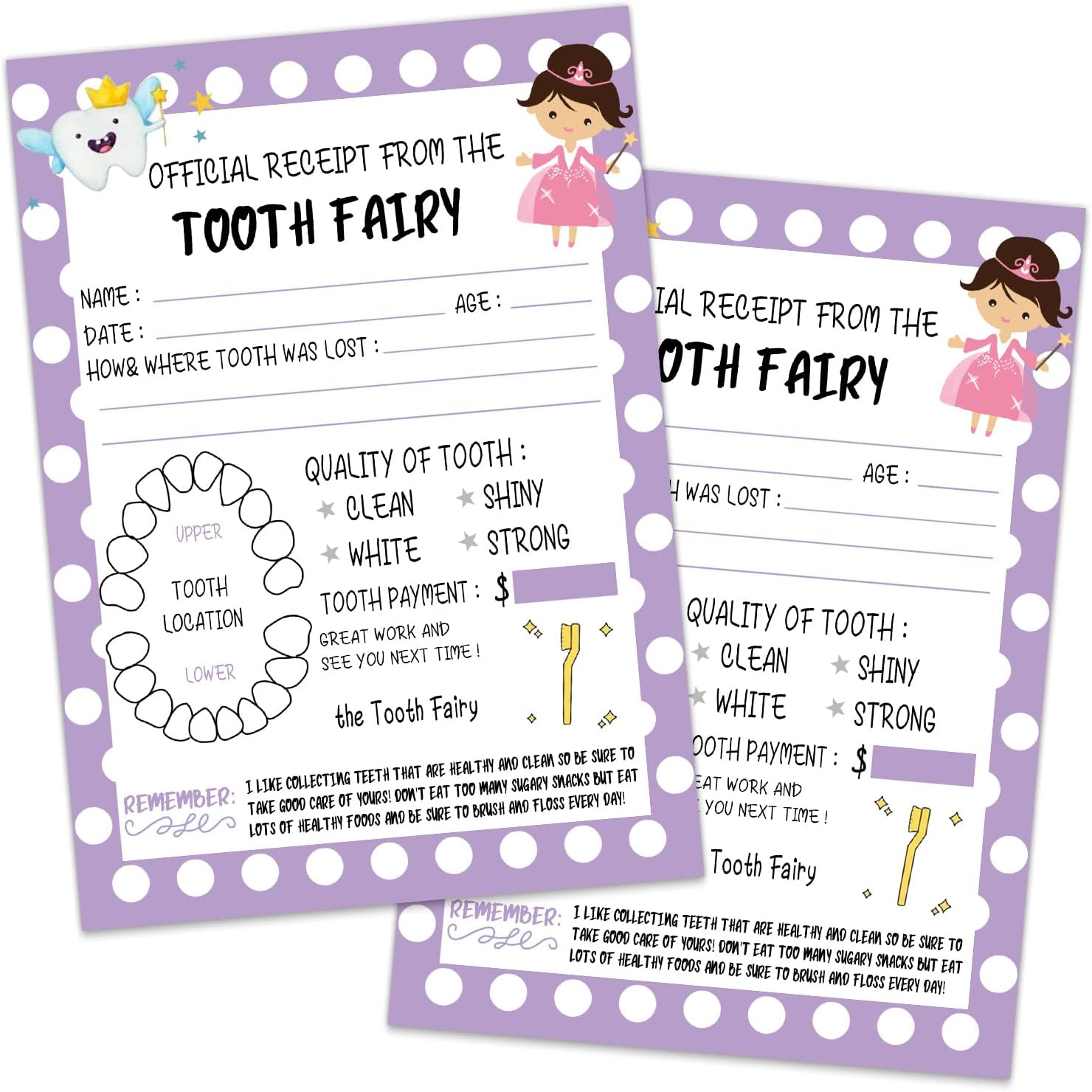 Tooth Fairy Paper Certificate for Kids, Tooth Fairy Report Cards, Official Receipt from the Tooth Fairy, Cute Adorable Keepsake for Kids, Tooth Fairy Receipt for Lost Tooth, Purple, 5 * 7 In image number 3