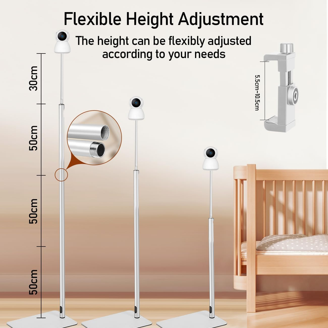 Baby Monitor Floor Stand Holder-Height Adjustable,360&deg; All-Round Monitoring,With Adjustable Width Clamp Accessories,Universal Compatible with Arlo, Motorola, Hello Baby & More image number 3