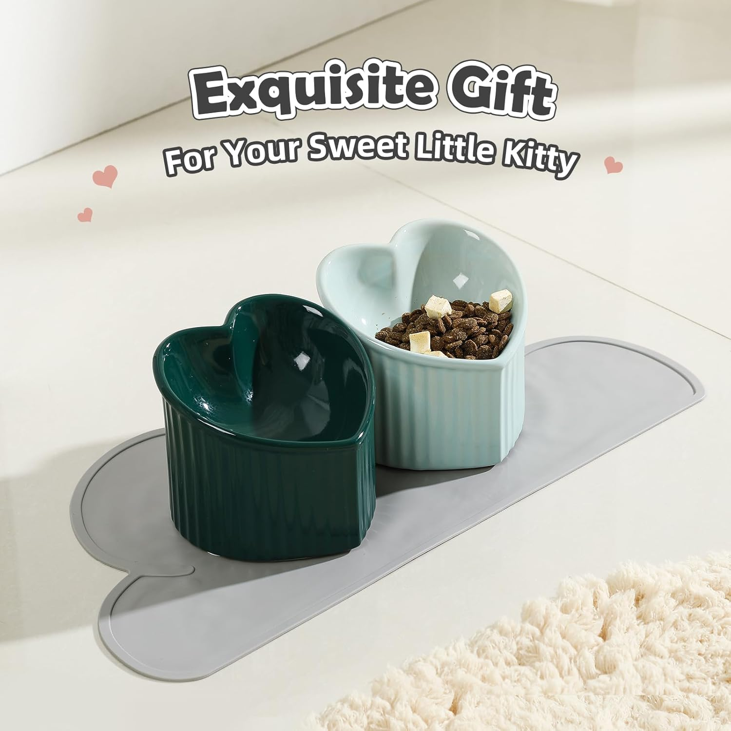 Elevated Cat Food Bowl Set - Double Tilted Bowls with Non Slip Mat - Raised Ceramic Bowls - Whisker Friendly - Tall Dishes - Green & Dark Green image number 4