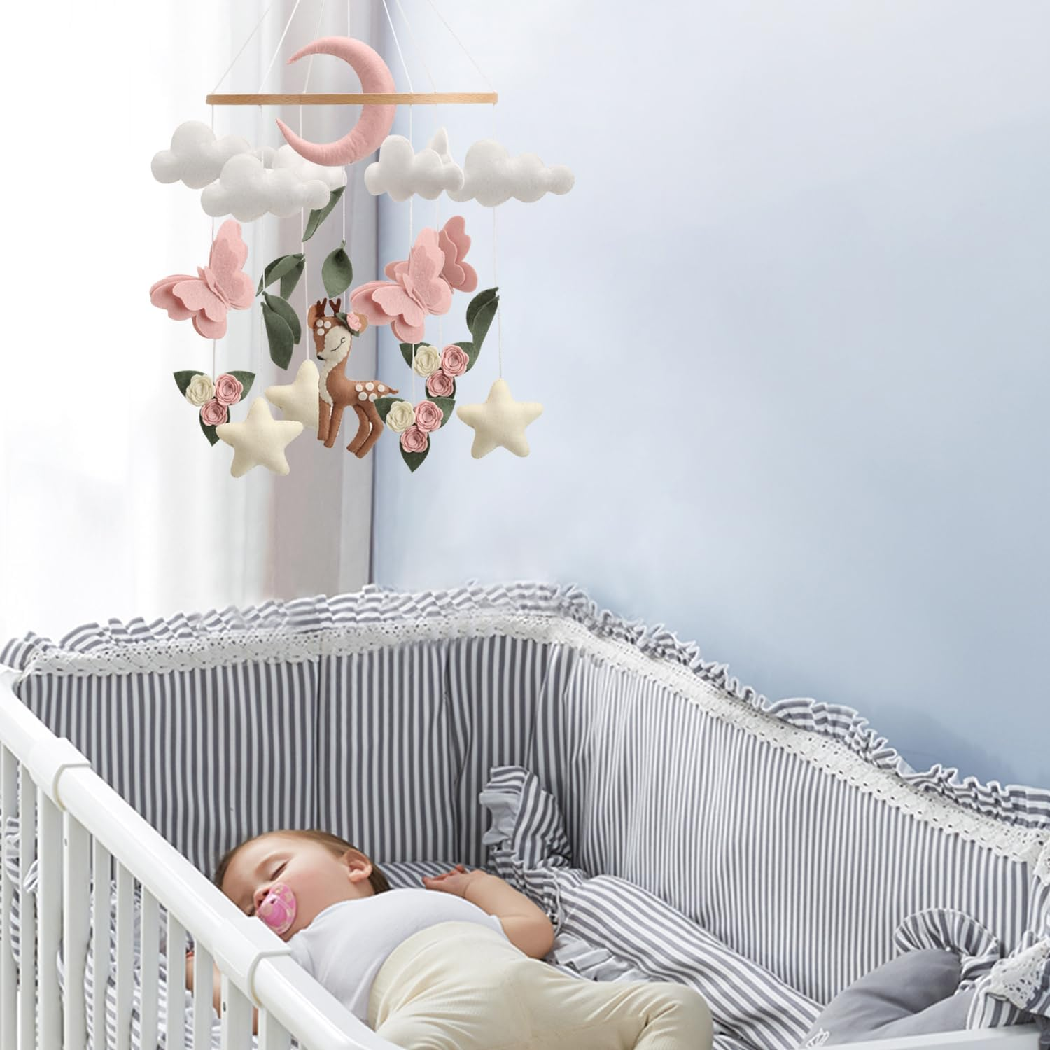 Deer Butterfly Baby Mobile for Crib, Woodland Crib Mobile for Bassinet, Pink Baby Girls Nursery Mobile