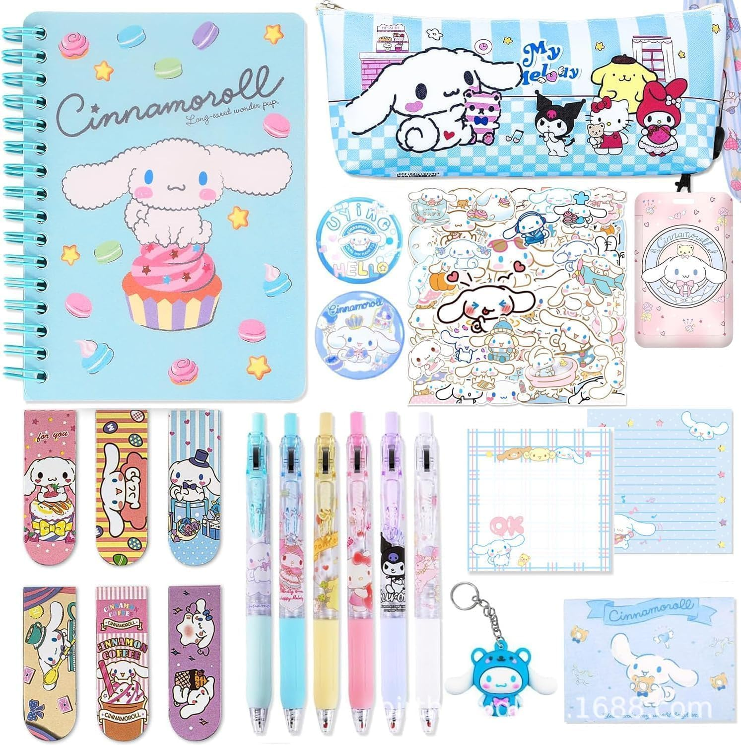Cartoon School Supplies, Kawaii School Supplies for Kids Girls Including Cartoon Journal Pencil Case Ballpoint Pen ID Badge Holder Stickers Key Chain Bookmark (Purple)
