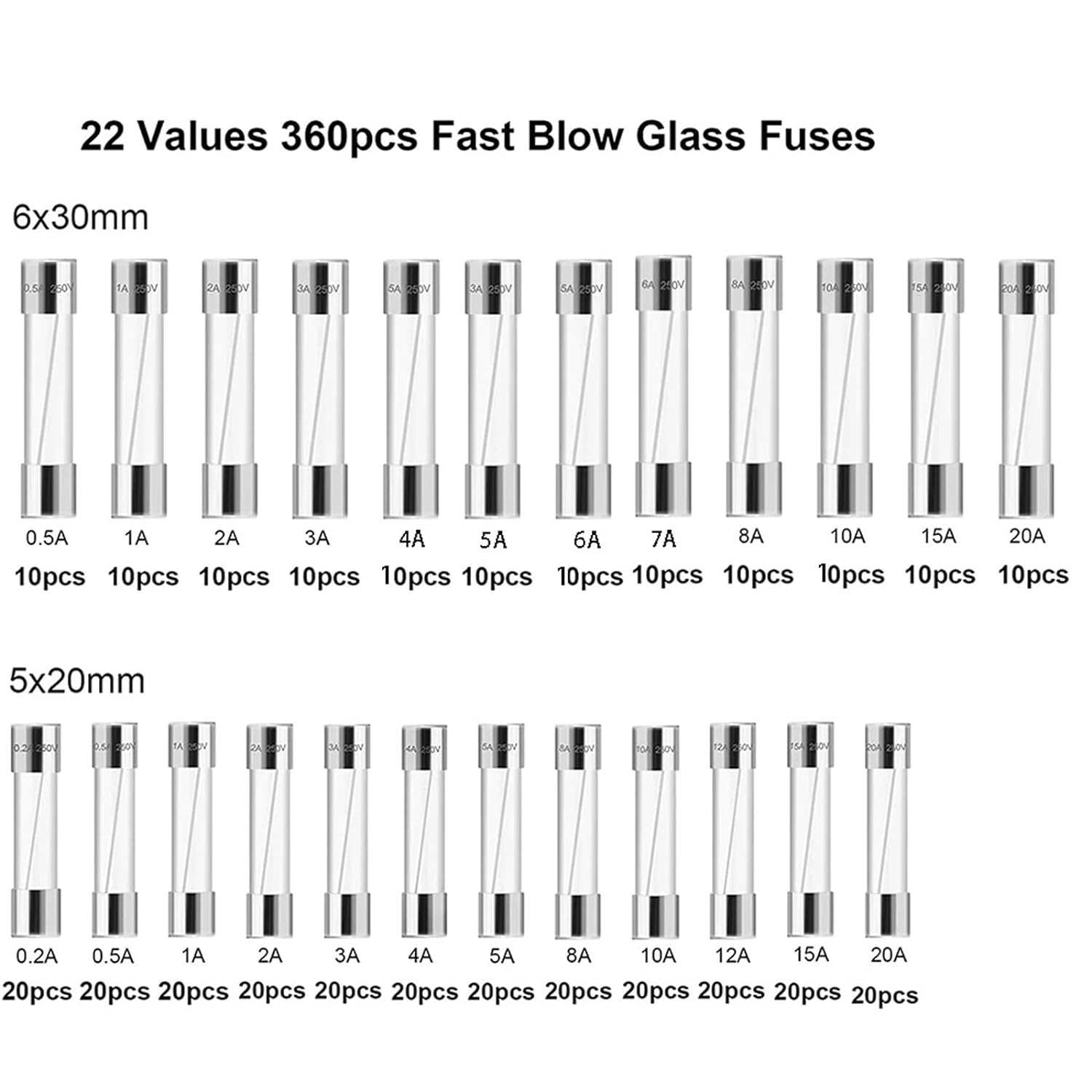 360Pcs 24Kinds Fast Blow Glass Fuses Assortment Kit;250V 5X20Mm/6X30Mm 0.25A~20A Assorted Quick Blow Tube Fuse Set image number 2