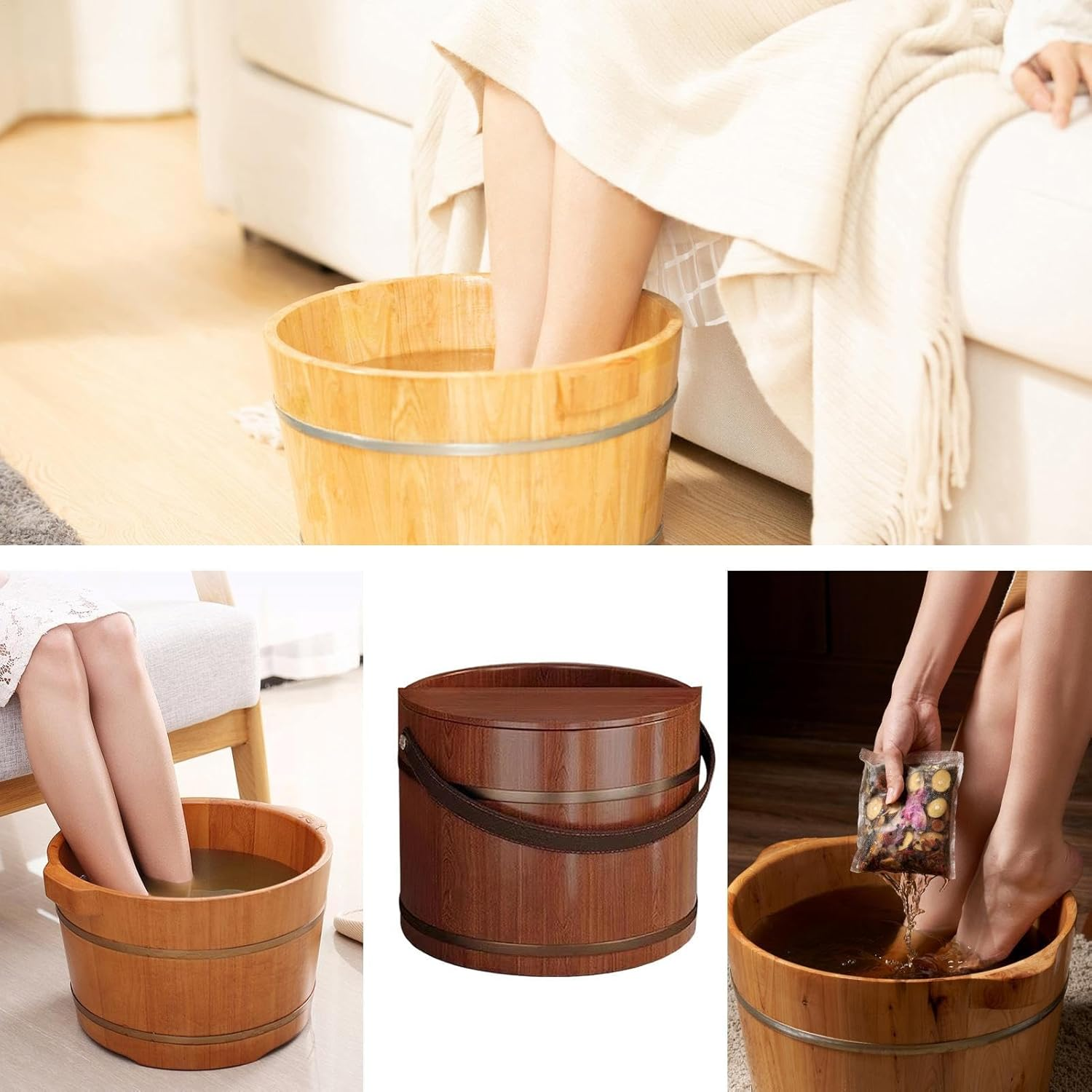 Foot Bath Tub | Massaging Reusable with Lid | Foot Soaking Bucket Wood Tub - for Sauna Laundry Home Hands Washing Bathroom Bedroom Dorm Apartment Spa Center