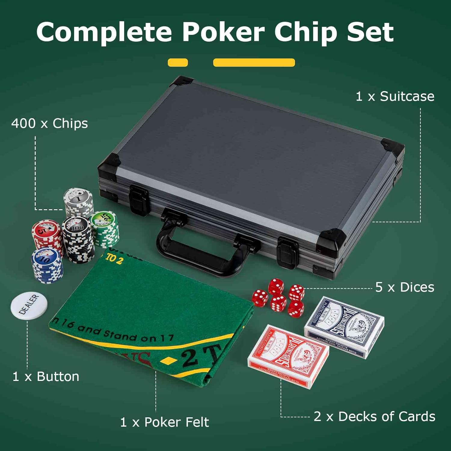 Costway Texas Holdem Poker Chip Set, Casino Poker Chips W/400 Pieces Chips, 2 Deck of Cards & Dealer Button, 5 Dices, Poker Felt, Aluminum Suitcase, Casino Poker Chip Set for Family Night, Travel image number 1