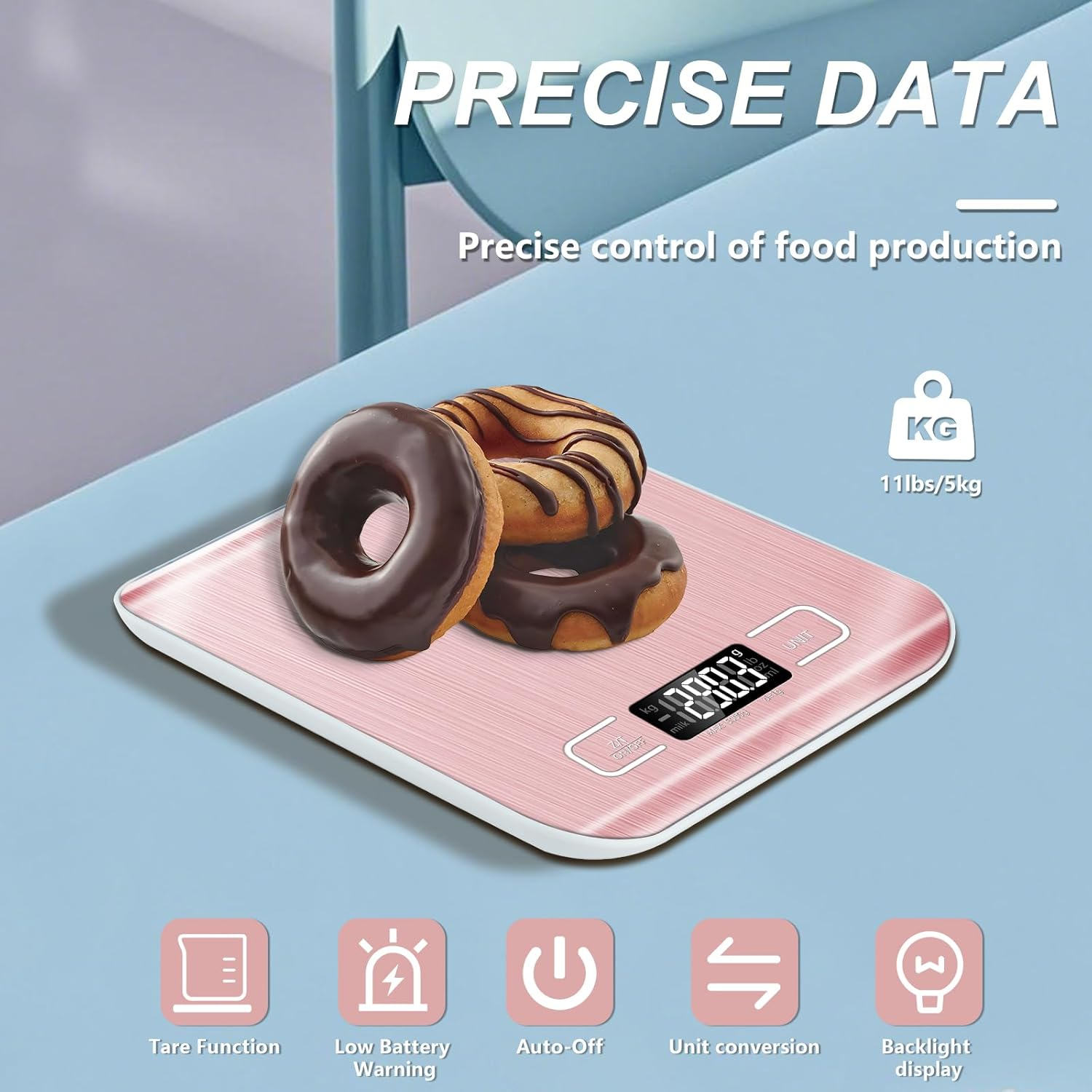 Food Scale, 11Lb Kitchen Scale with 6 Units Tare Function & LCD Display, 0.05Oz/1G Stainless Steel Digital Food Scale Grams and Ounces for Baking, Cooking, Dieting and Meal Prep (Pink) image number 5