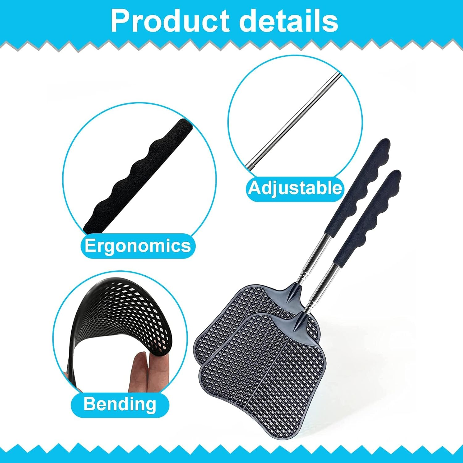 Fly Swatter, 2 Pcs Telescopic Plastic Fly Swatter, Fly Pest Swatter, Flyswatter with Stainless Steel Handle for Indoor Outdoor Classroom Office, Black image number 6