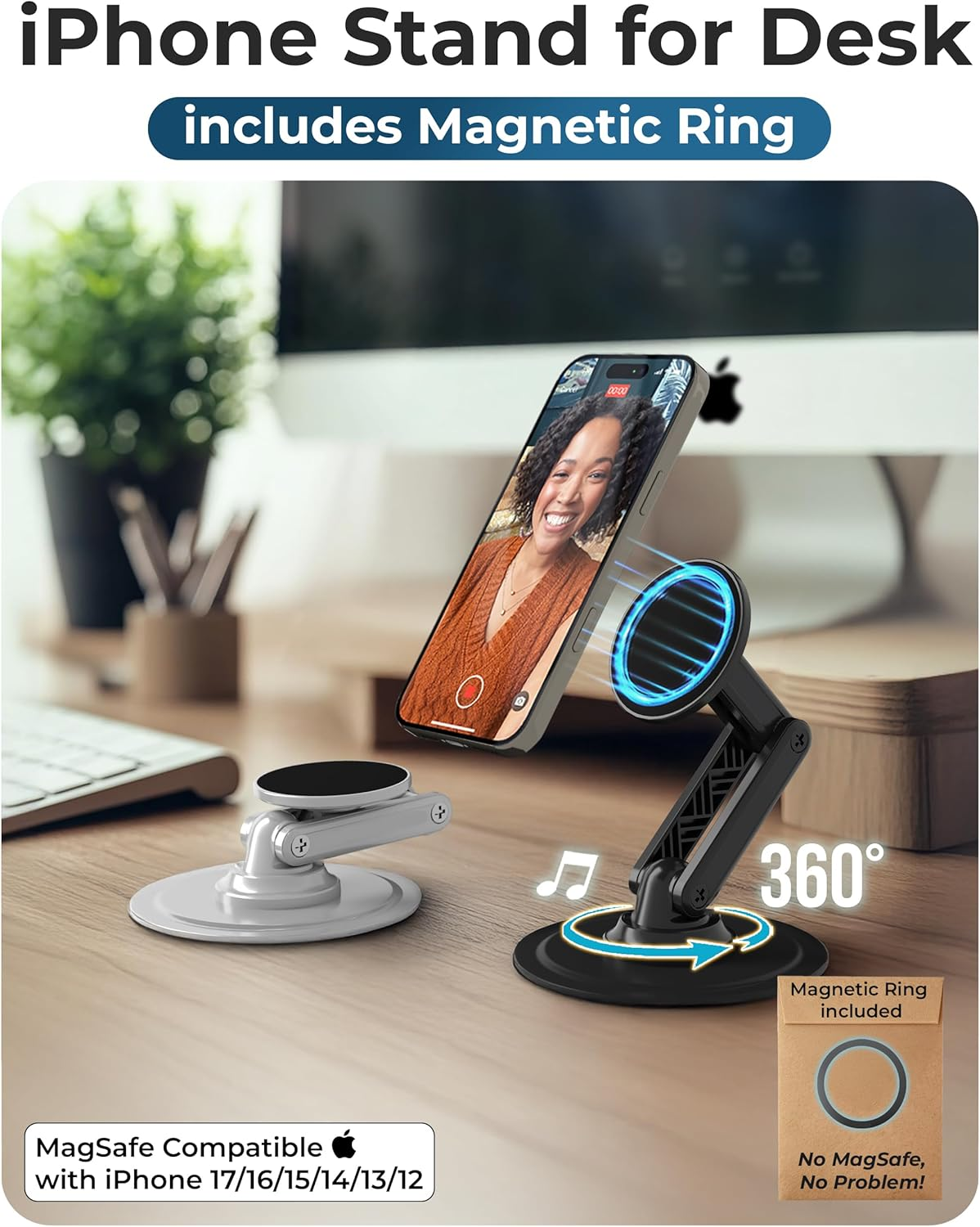COOPER Mag360, Magnetic Phone Stand for Desk Compatible with Magsafe Phone Holder, 360&deg; Adjustable, Iphone Desk Stand for Iphone 17 Pro Max/16/15/14/13/12, Incl 1 Metal Ring for Other Phones - Black image number 6