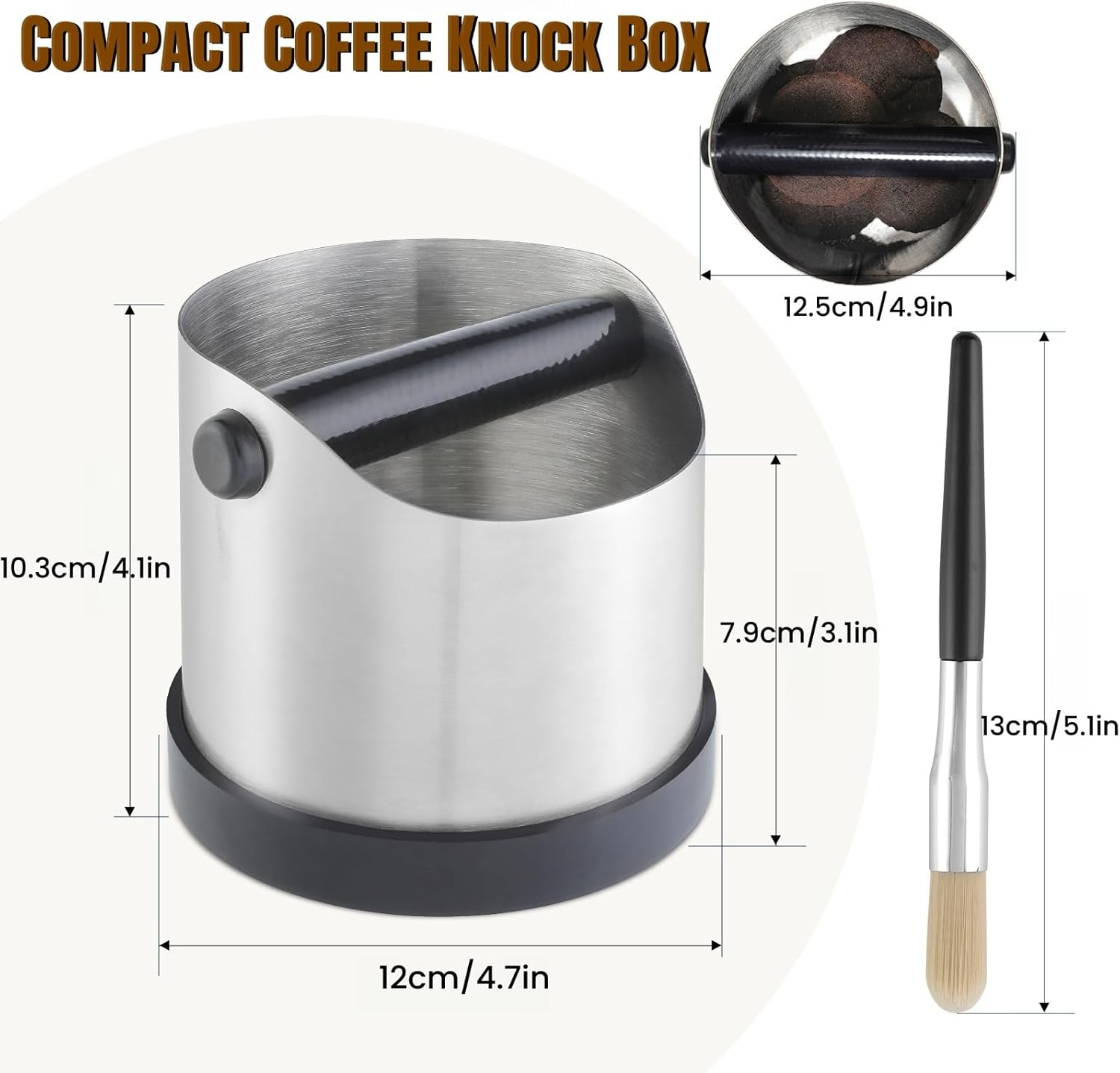 CHDEXU Coffee Grounds Knock Box, Small Stainless Steel Espresso Coffee Knock Box, Coffee Grind Knock Out Box with Removable Knock Bar and Coffee Brush, Coffee Grounds Container with Non-Slip Base image number 1