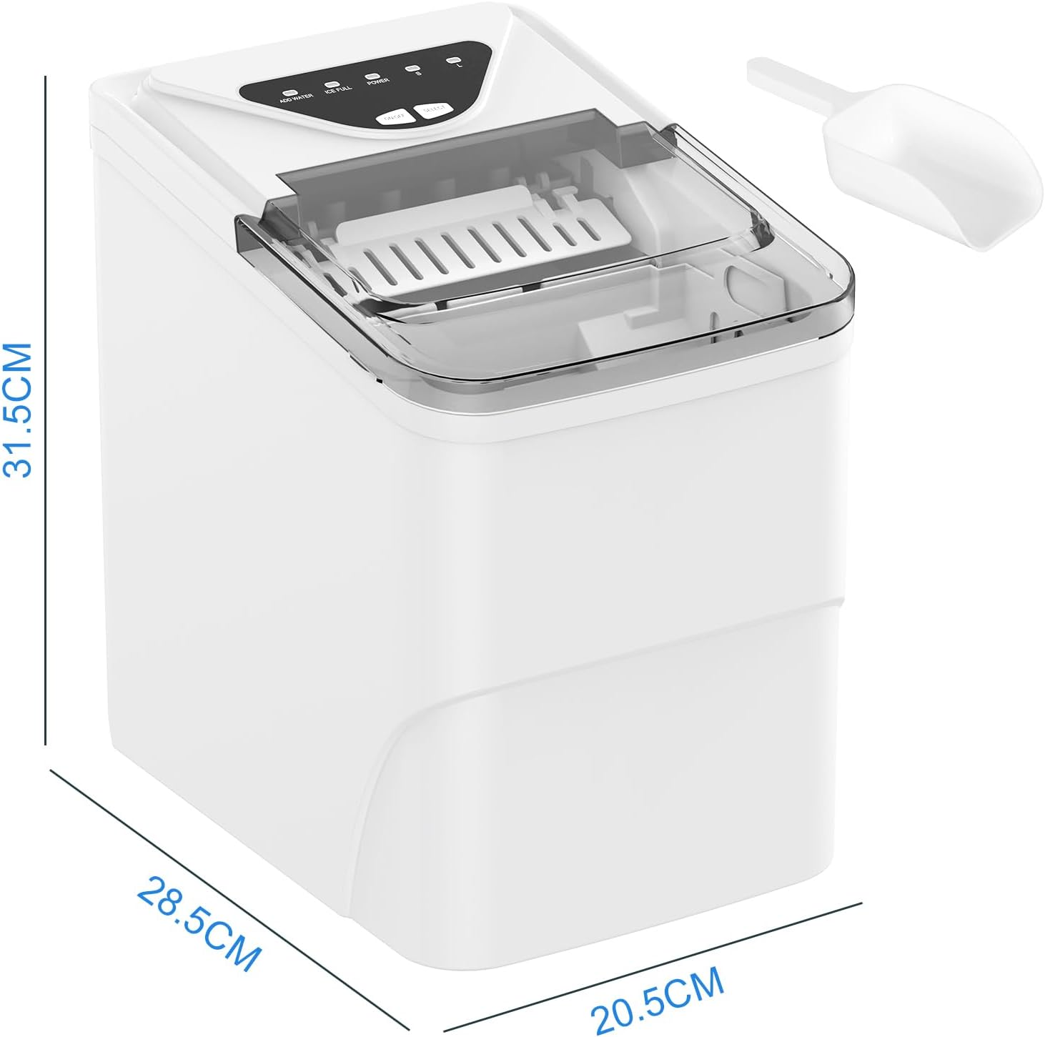 Advwin Ice Maker, 12KG Countertop Electric Self-Cleaning Icemaker, 2 Sizes of Bullet Ice, 26Lbs/24H, Fast Freeze, Scoop & Removable Basket, for Home Party Office, White Portable Icemachine, White image number 4