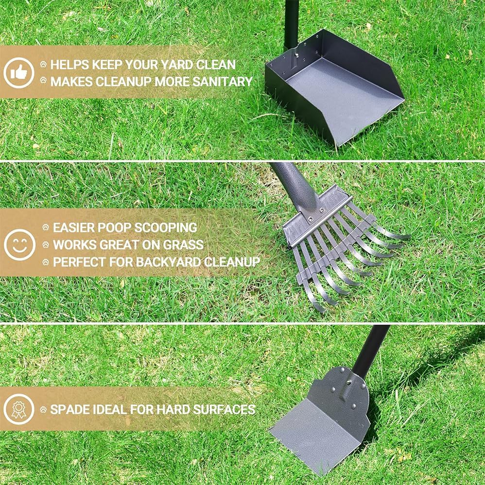 Dog Pooper Scooper Tray Shovel & Rake Kit,Pet Waste Removal Scoop with Long Adjustable Sectional Stainless Handles,Portable Large Dog Poop Picker Upper, Walks, Grass & Garden Leaves image number 4