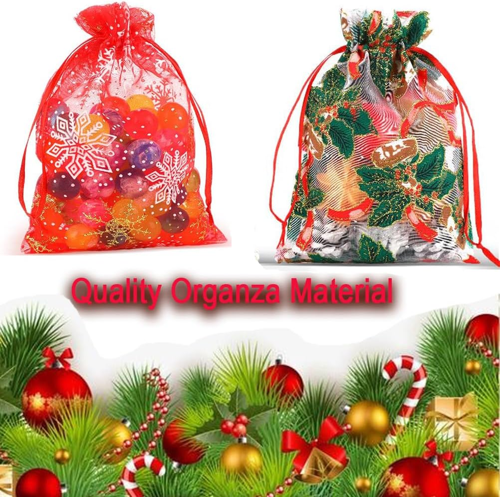 Christmas Organza Bags， 4X6 in Christmas Pouches for Wedding Favor Bags Valentine'S Day Christmas Birthday Easter Party Jewellery Candy Gift Packing image number 1