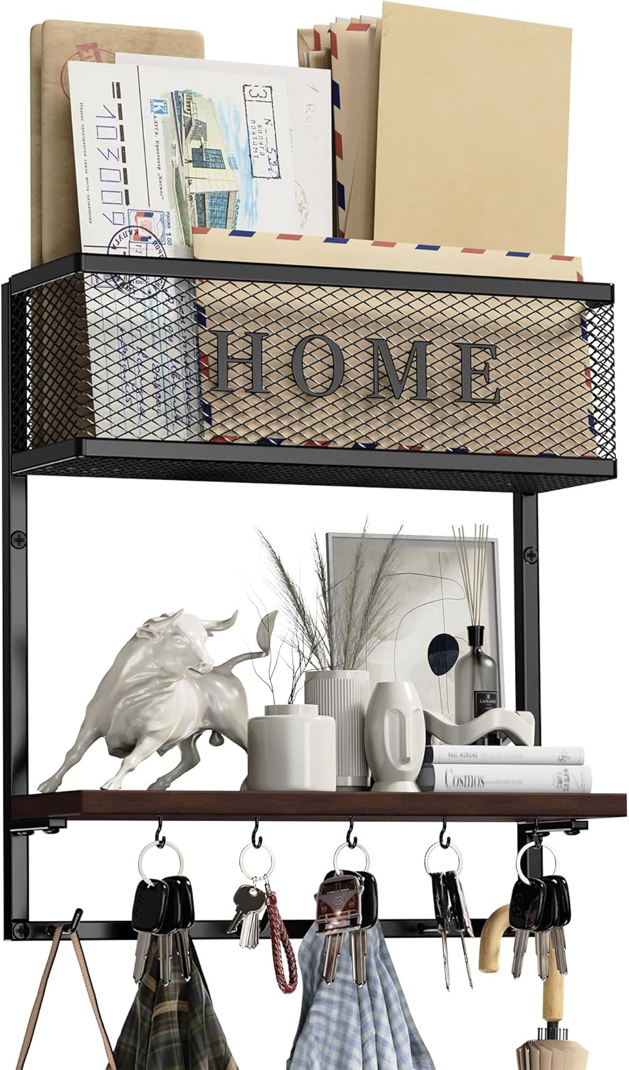 Mail and Key Holder Wall Mount - Entryway Organizer with Metal Hanger, Wooden Shelf, 11 Hooks - 4 in 1 Rack for Home Decor (Black)