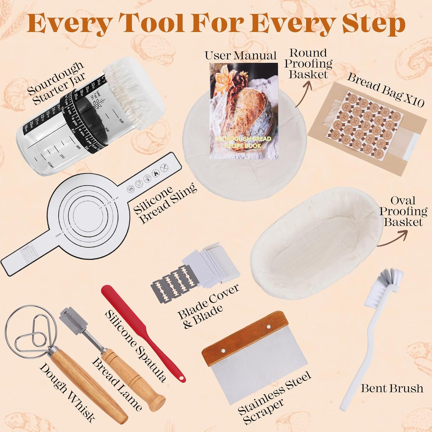 Sourdough Starter Kit - Banneton Proofing Basket Set, 9'' round & 10'' Oval Sourdough Baskets, Complete Sourdough Bread Baking Supplies with Starter Jar,Bread Sling,Lame,Danish Dough Whisk&Bread Bags